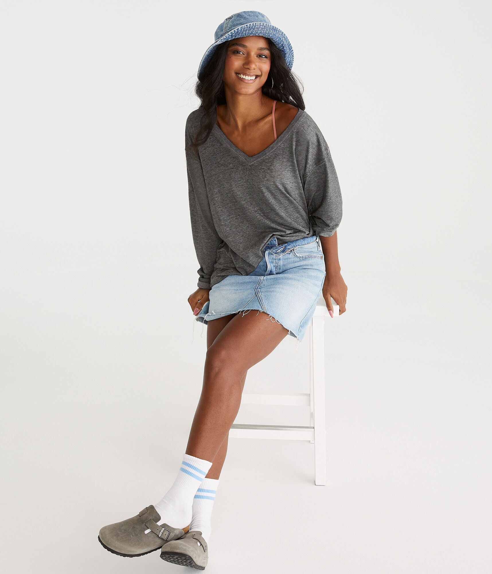 Long Sleeve Washed Loose Fit V-Neck Tee