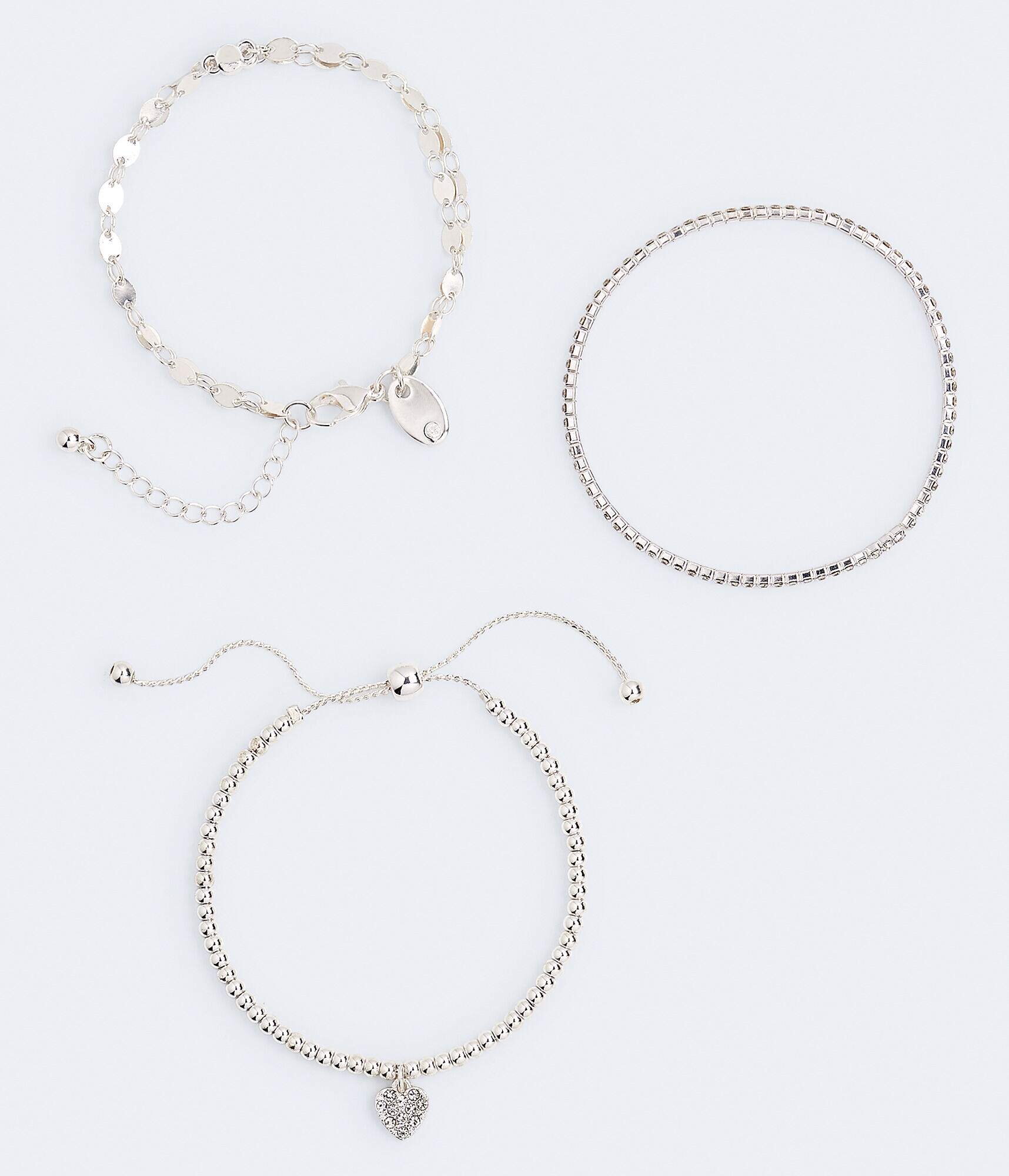 Rhinestone Heart Charm Bracelet 3-Pack