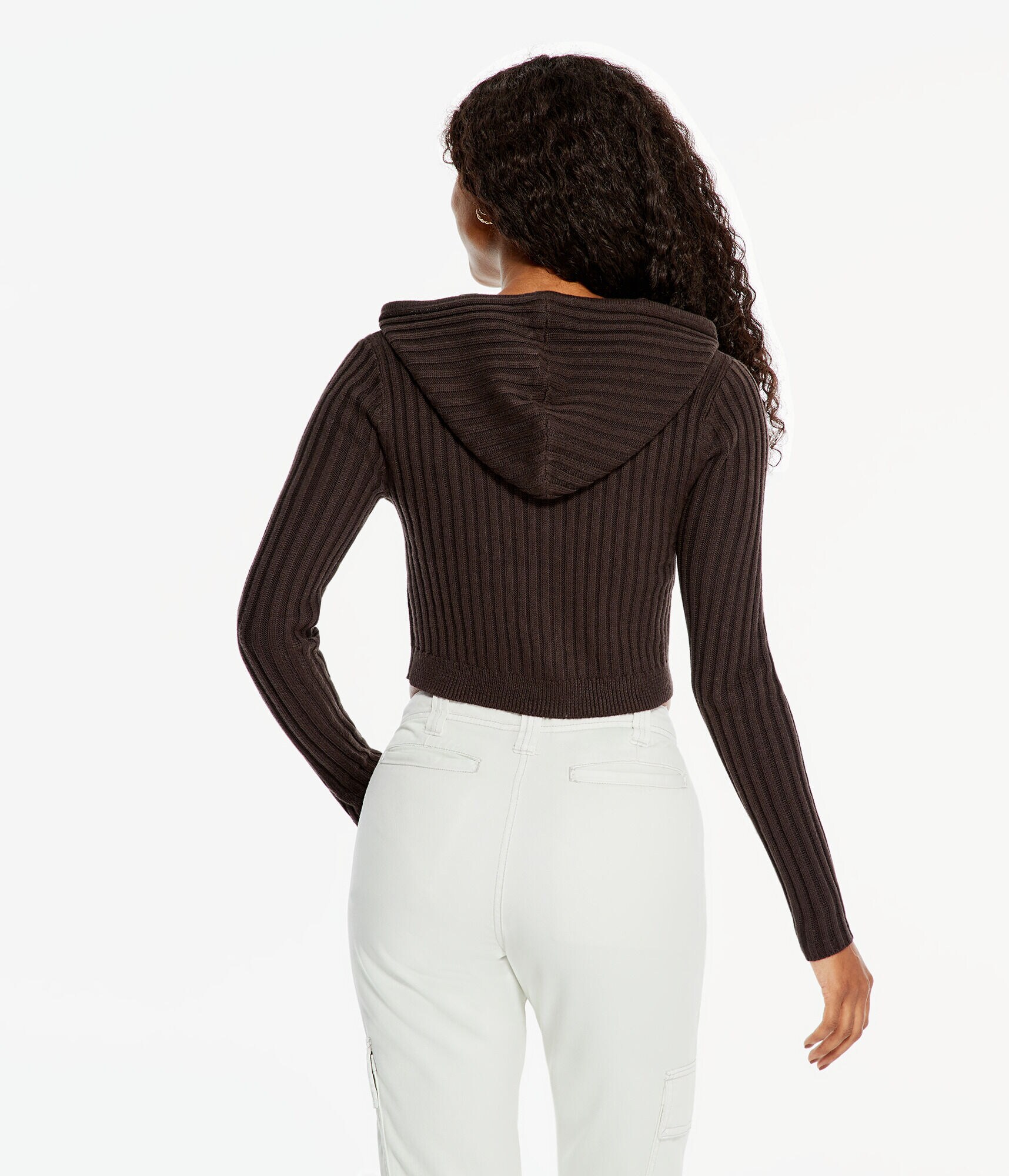 Ribbed Full-Zip Cropped Hooded Sweater