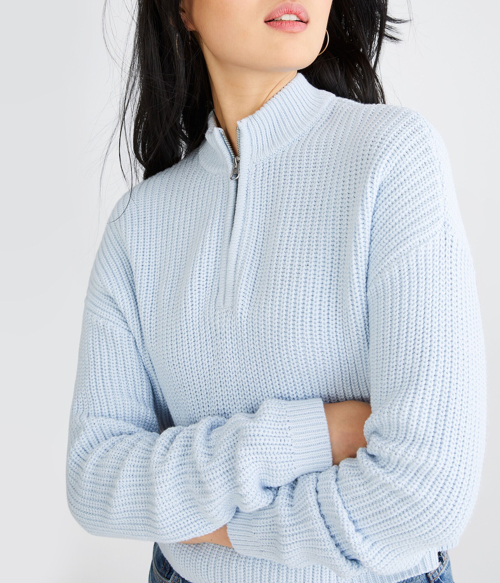 Ribbed 1/2-Zip Mock-Neck Sweater