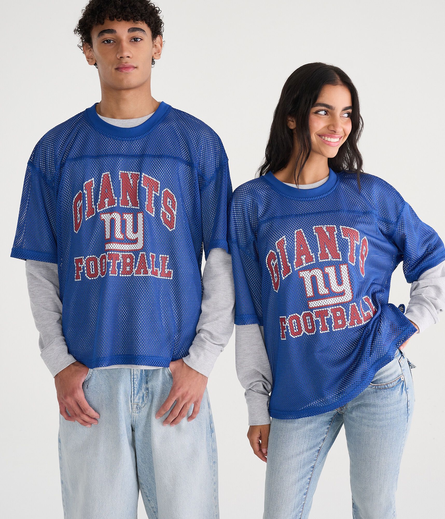 Long Sleeve New York Giants Football Boxy Mesh 2Fer Top