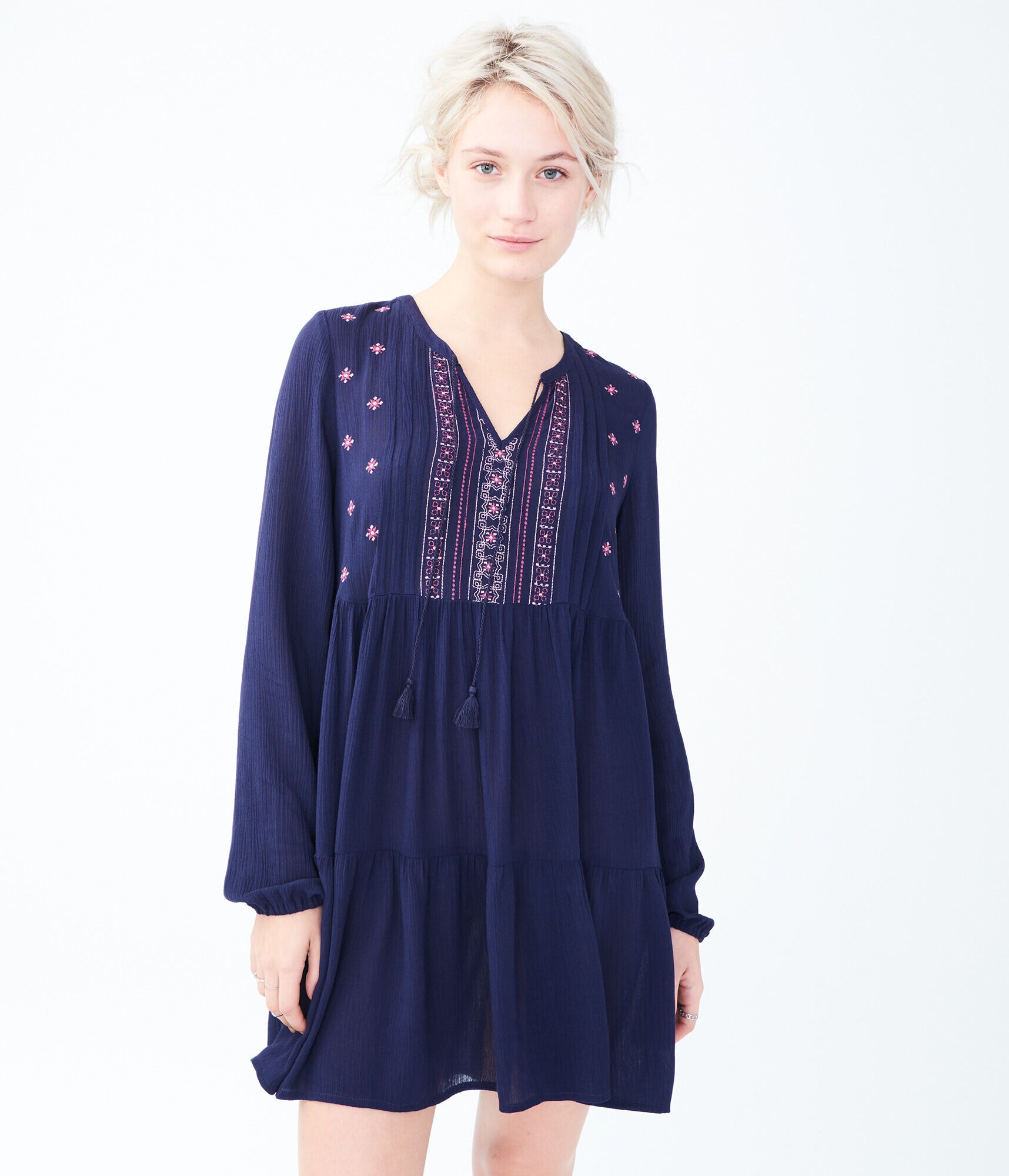 Solid Keyhole Embroidered Peasant Dress