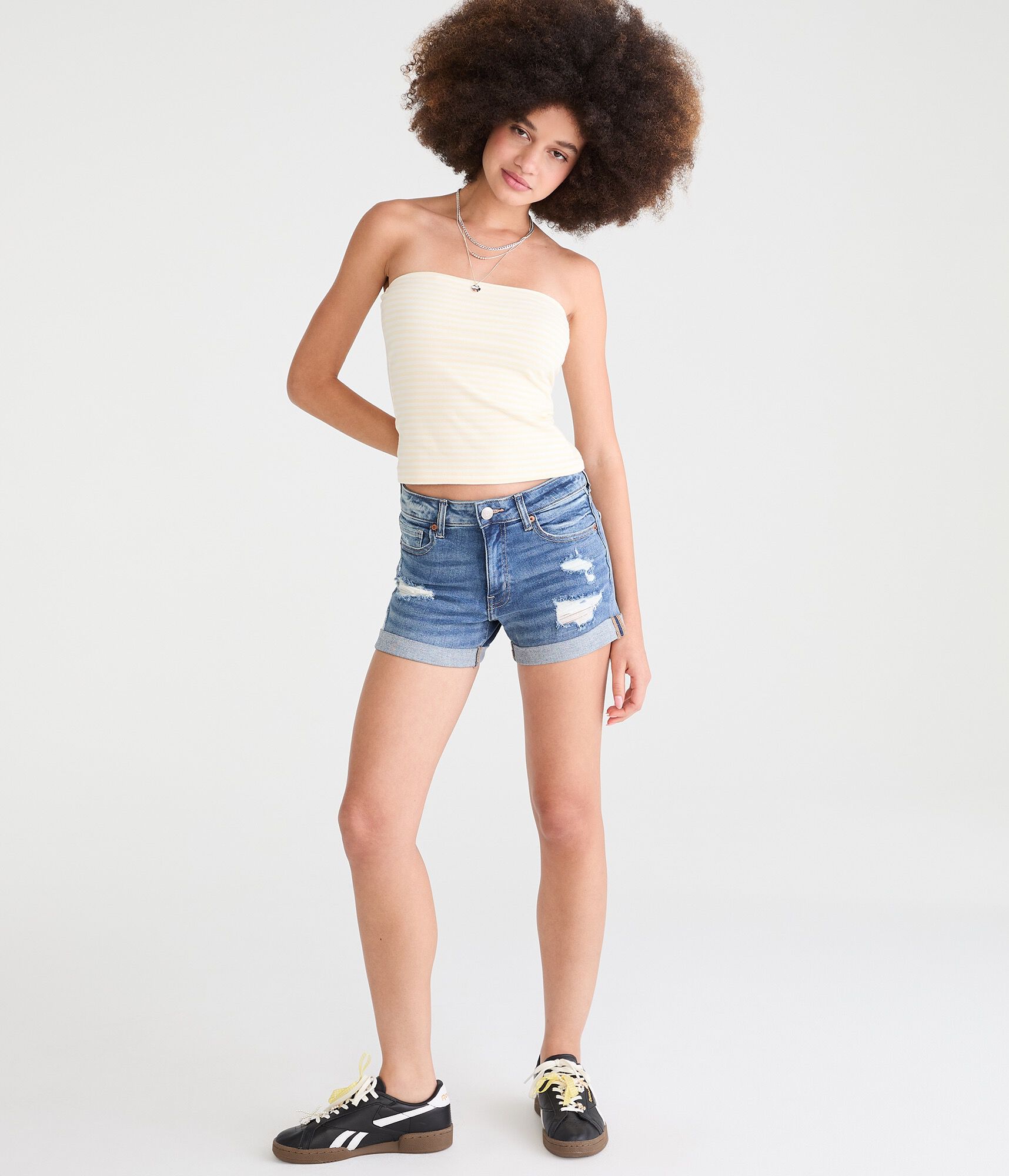 High-Rise Denim Midi Shorts