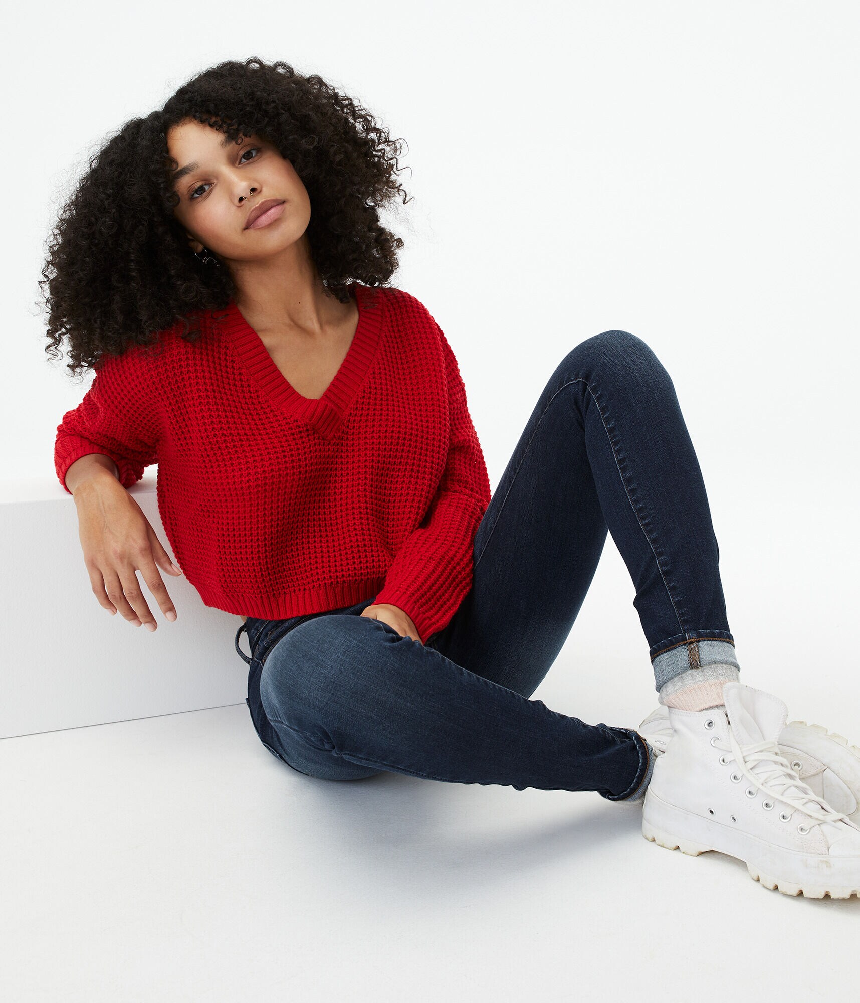 Solid Cropped V-Neck Sweater