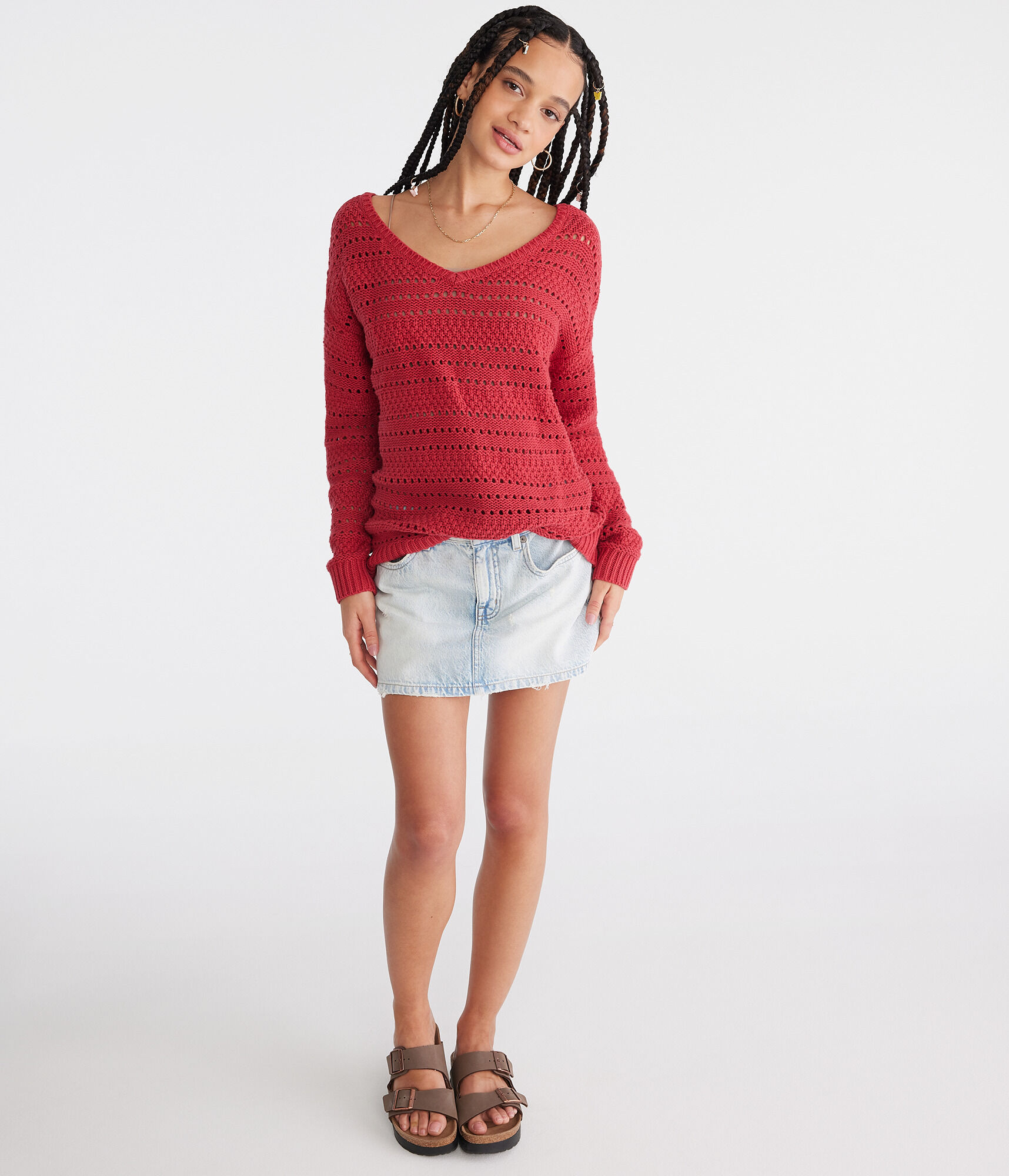 Solid Open-Knit V-Neck Sweater