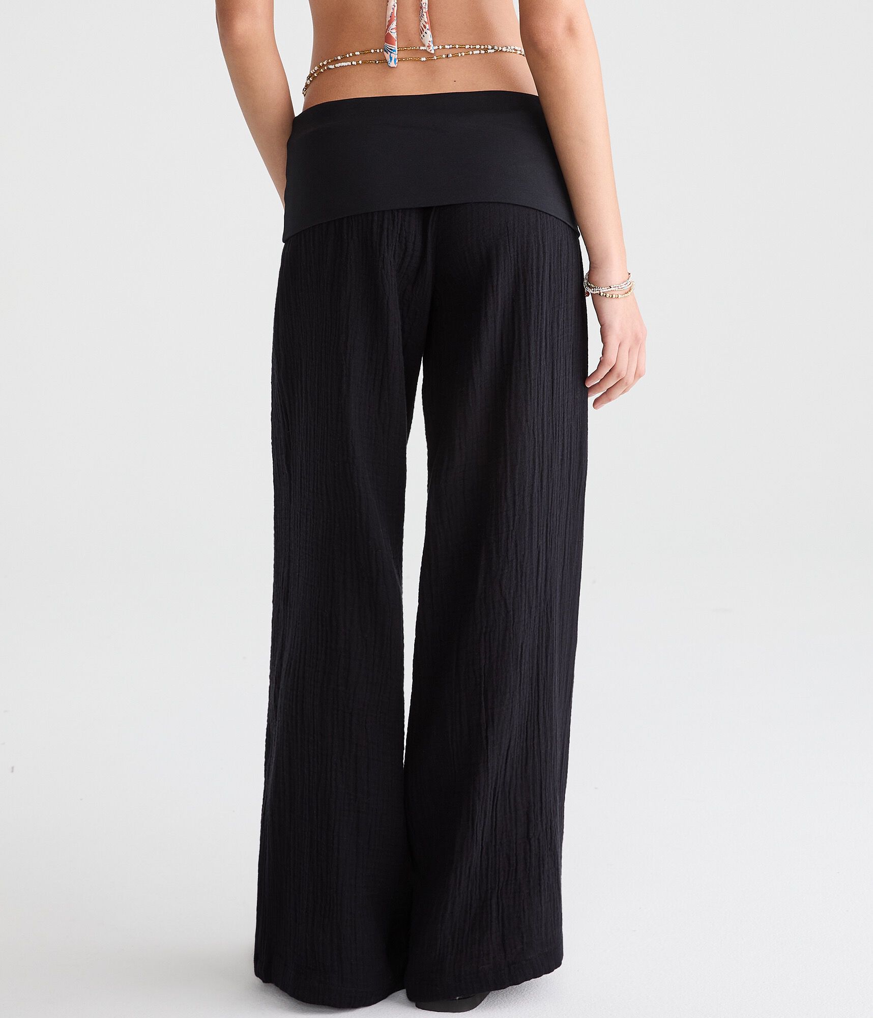 Low-Rise Gauze Fold-Over Wide Leg Pants
