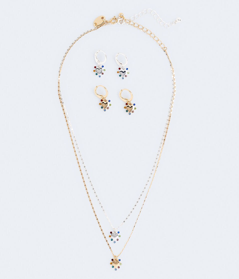 Best Friends Multicolor Rhinestone Heart Necklace & Earring Set