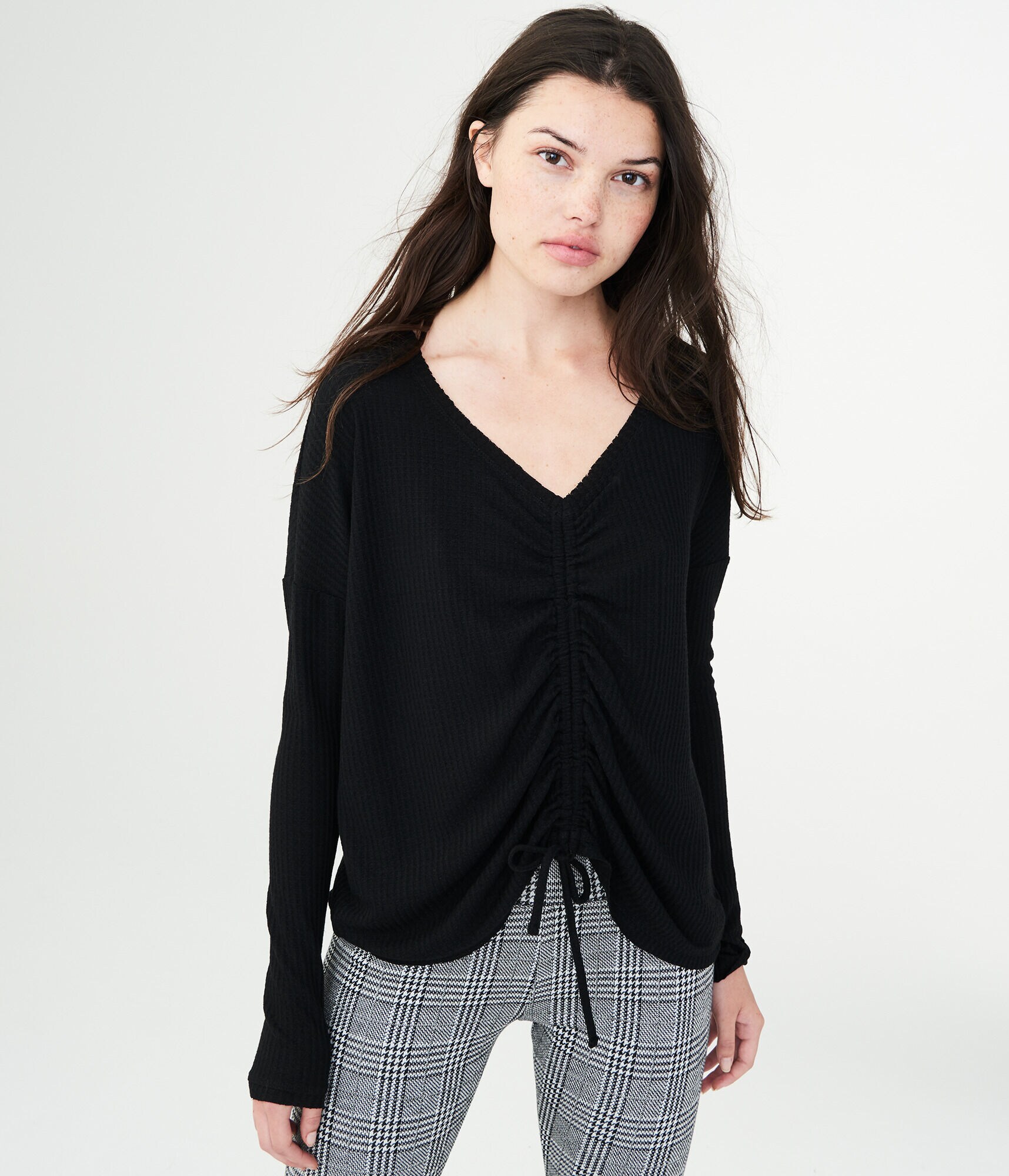 Long Sleeve Ruched Waffle-Knit Top