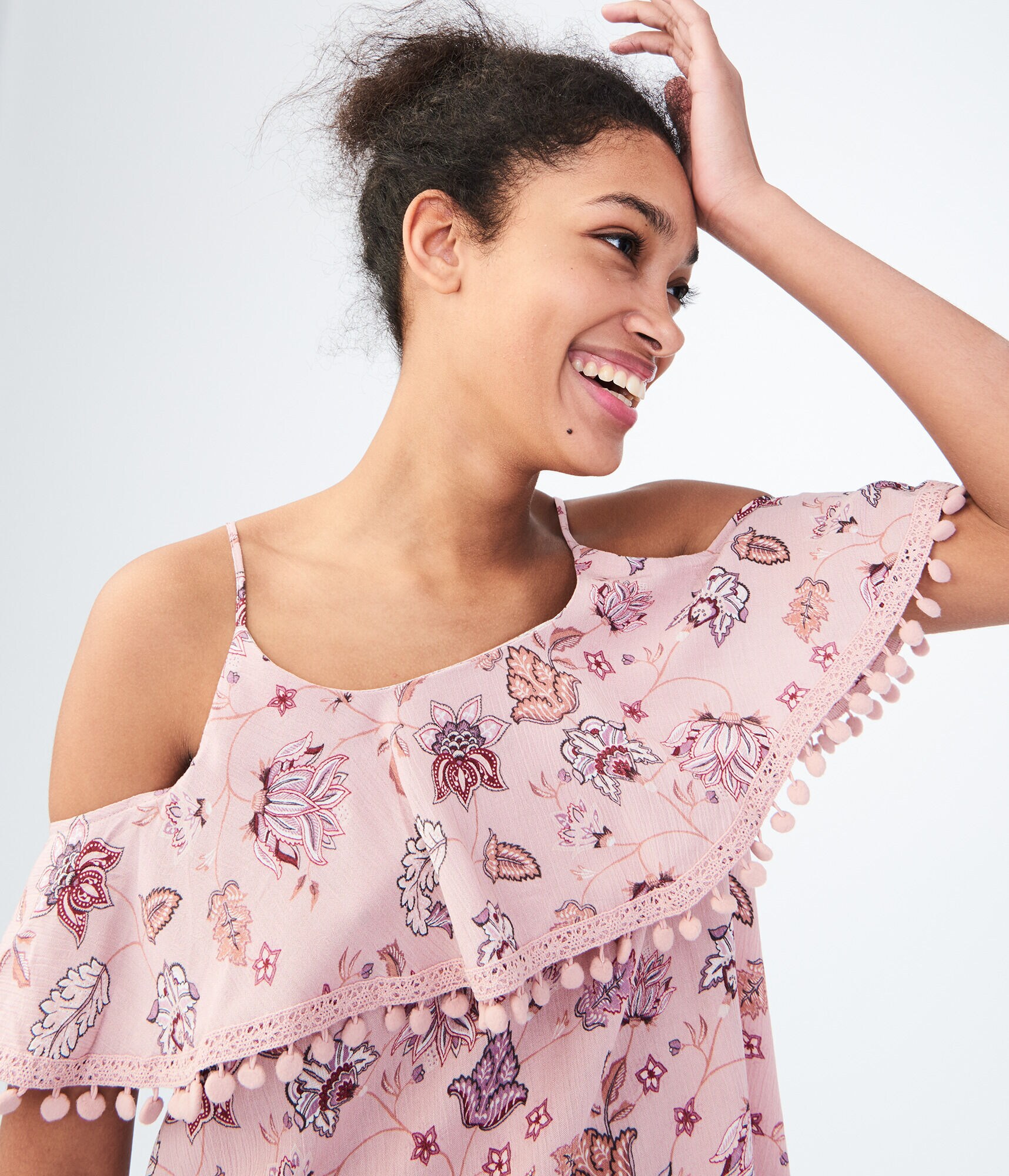 Floral Pompom Cold-Shoulder Top