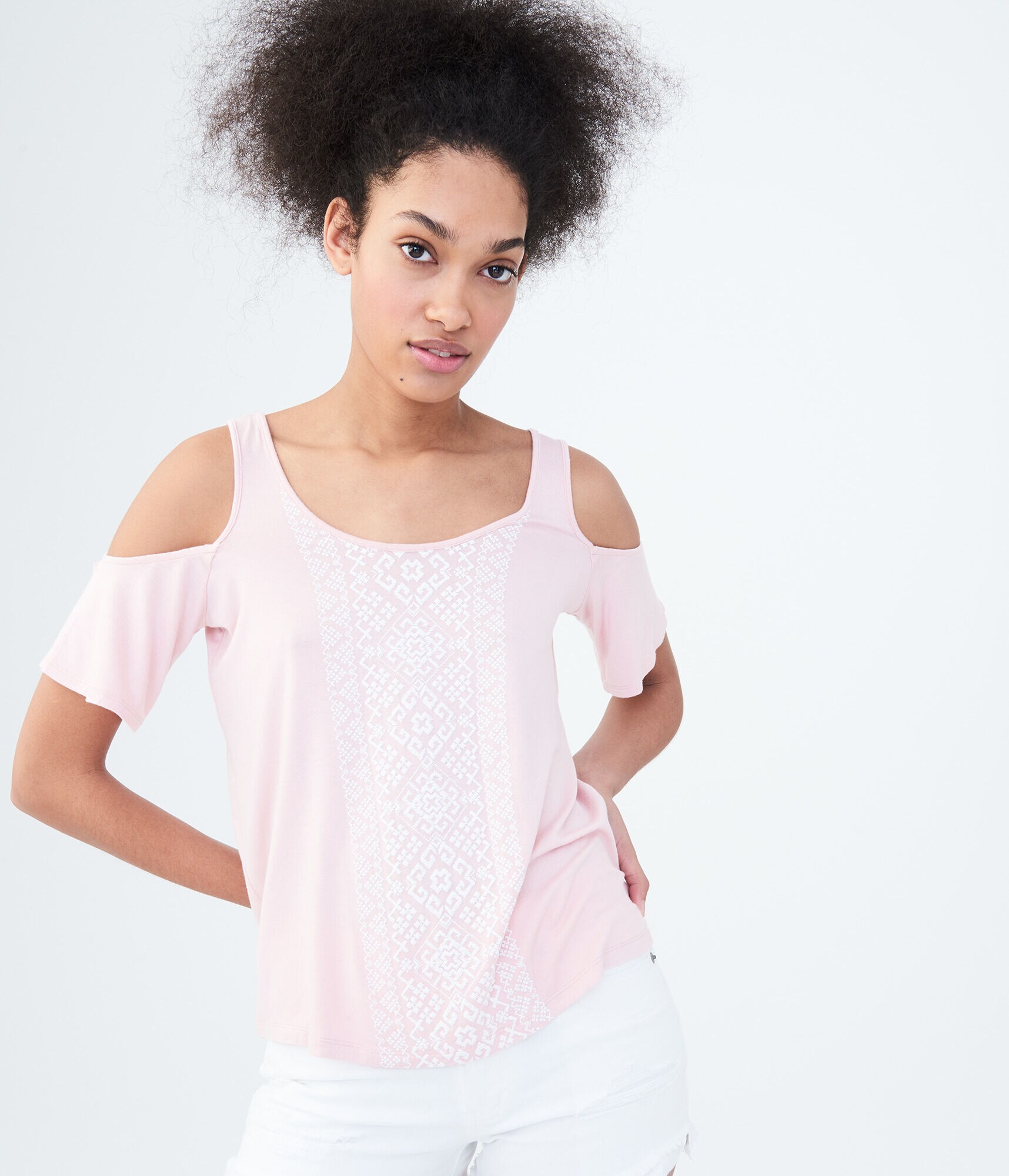 Geo Puff Print Cold-Shoulder Top
