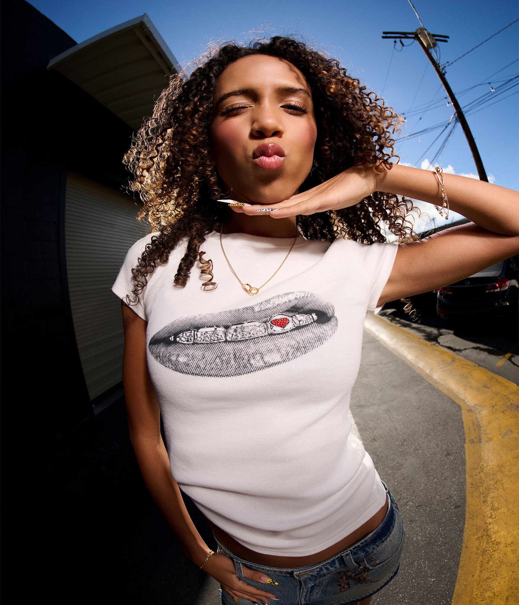 D&eacute;j&agrave; For Aero Rhinestone Heart Grill Graphic Baby Tee