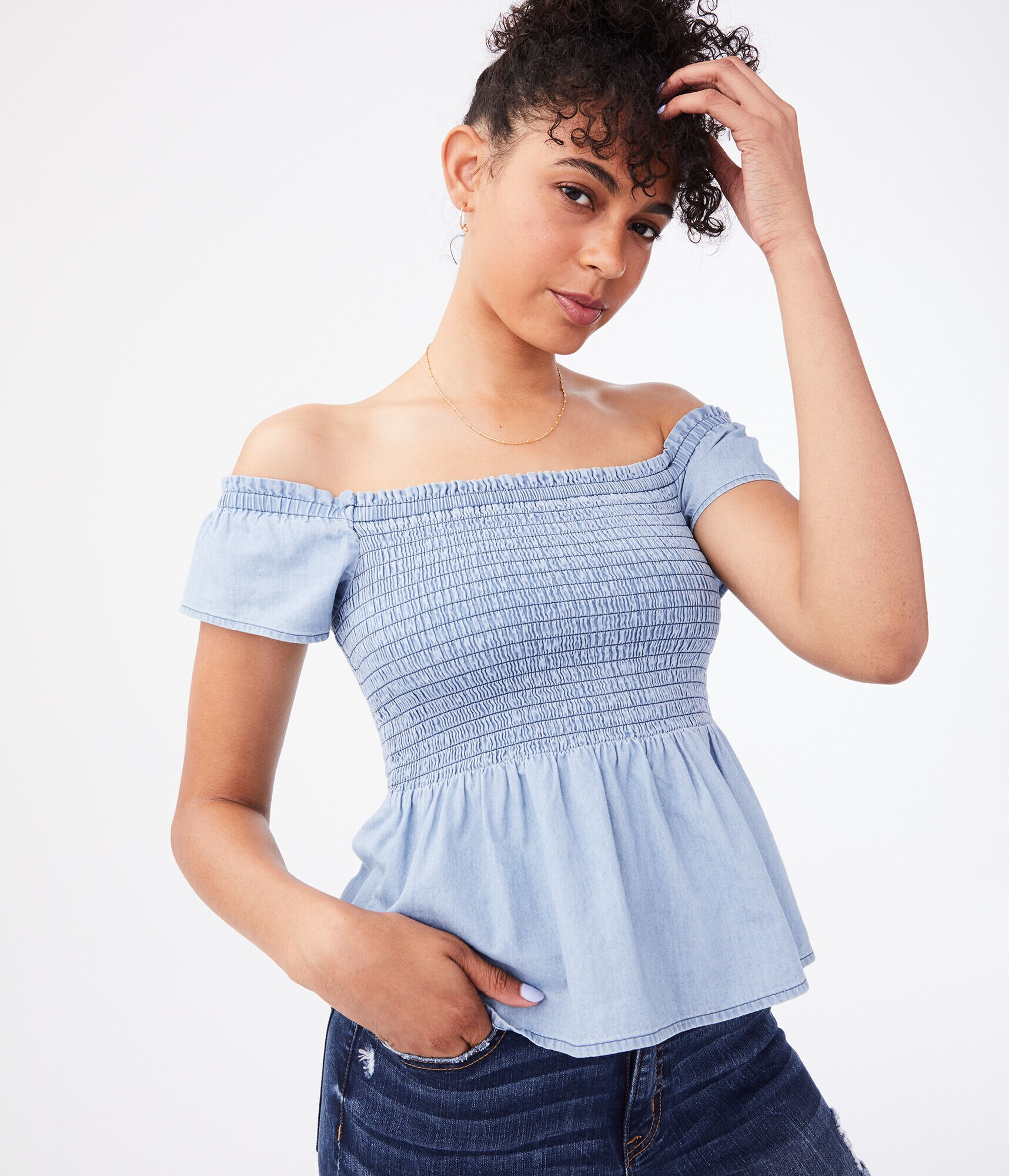 Chambray Off-The-Shoulder Babydoll Top
