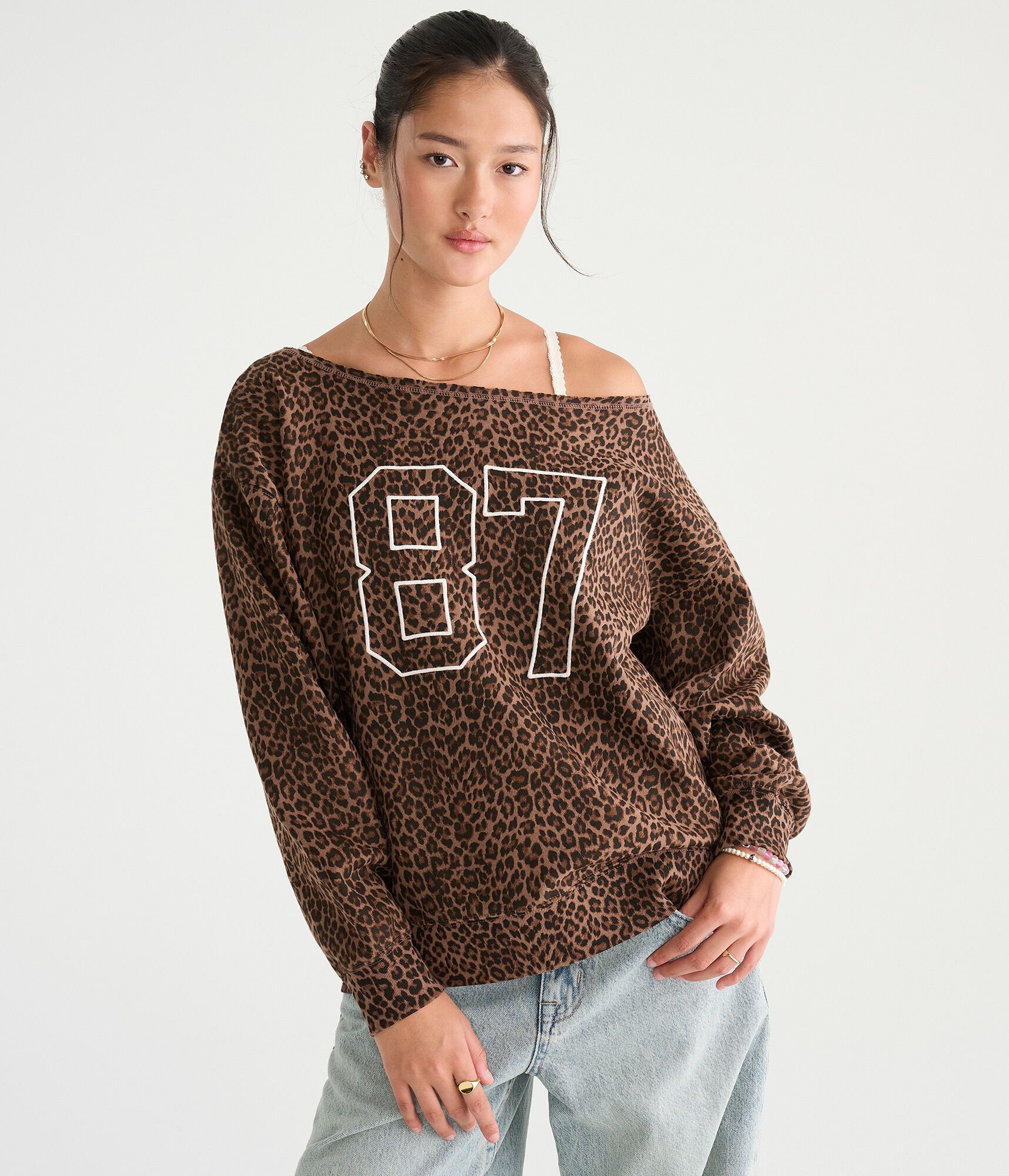 D&eacute;j&agrave; For Aero Leopard Print 87 Oversized Off-The-Shoulder Sweatshirt