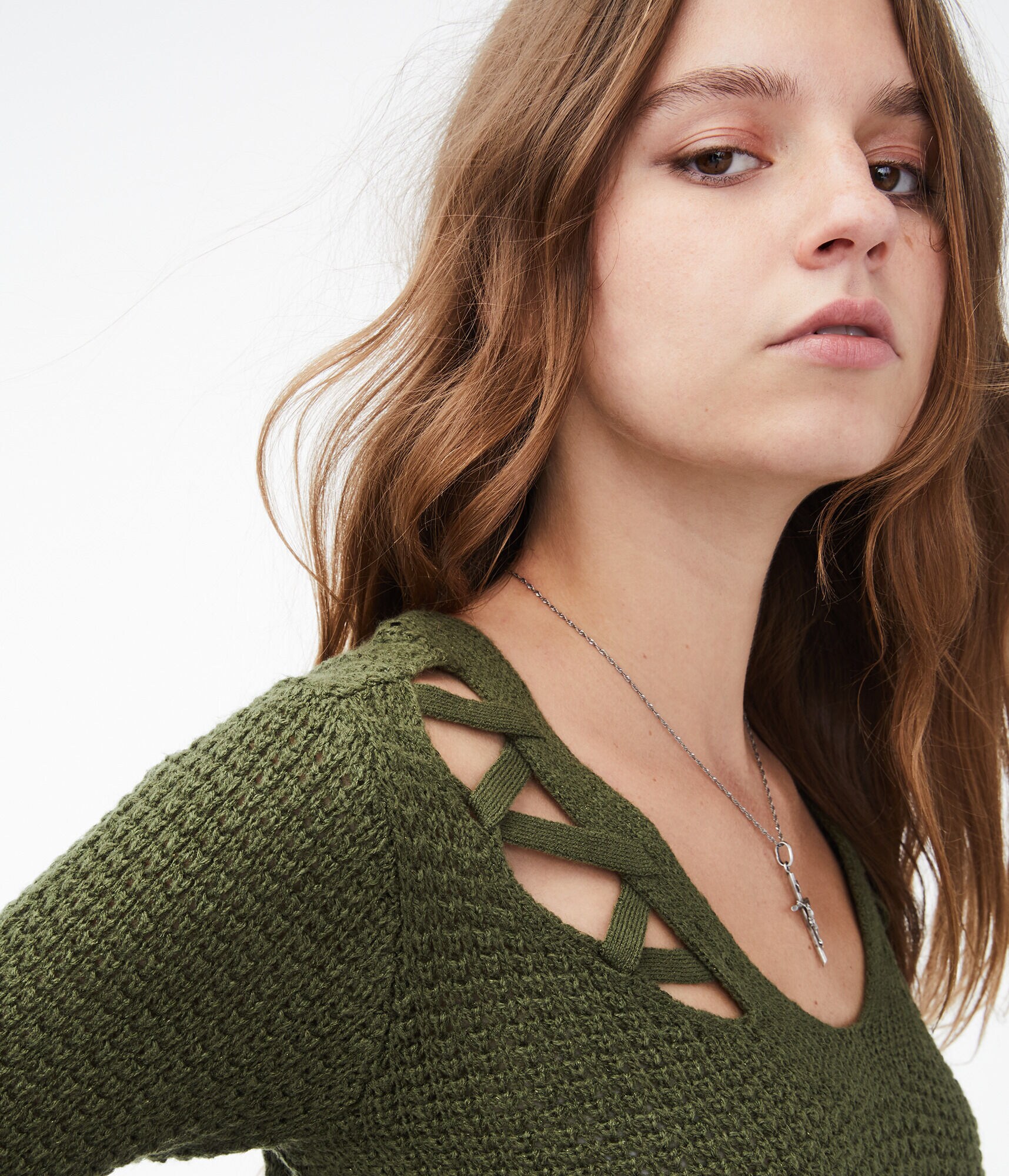 Laced-Up Shoulder V-Neck Sweater