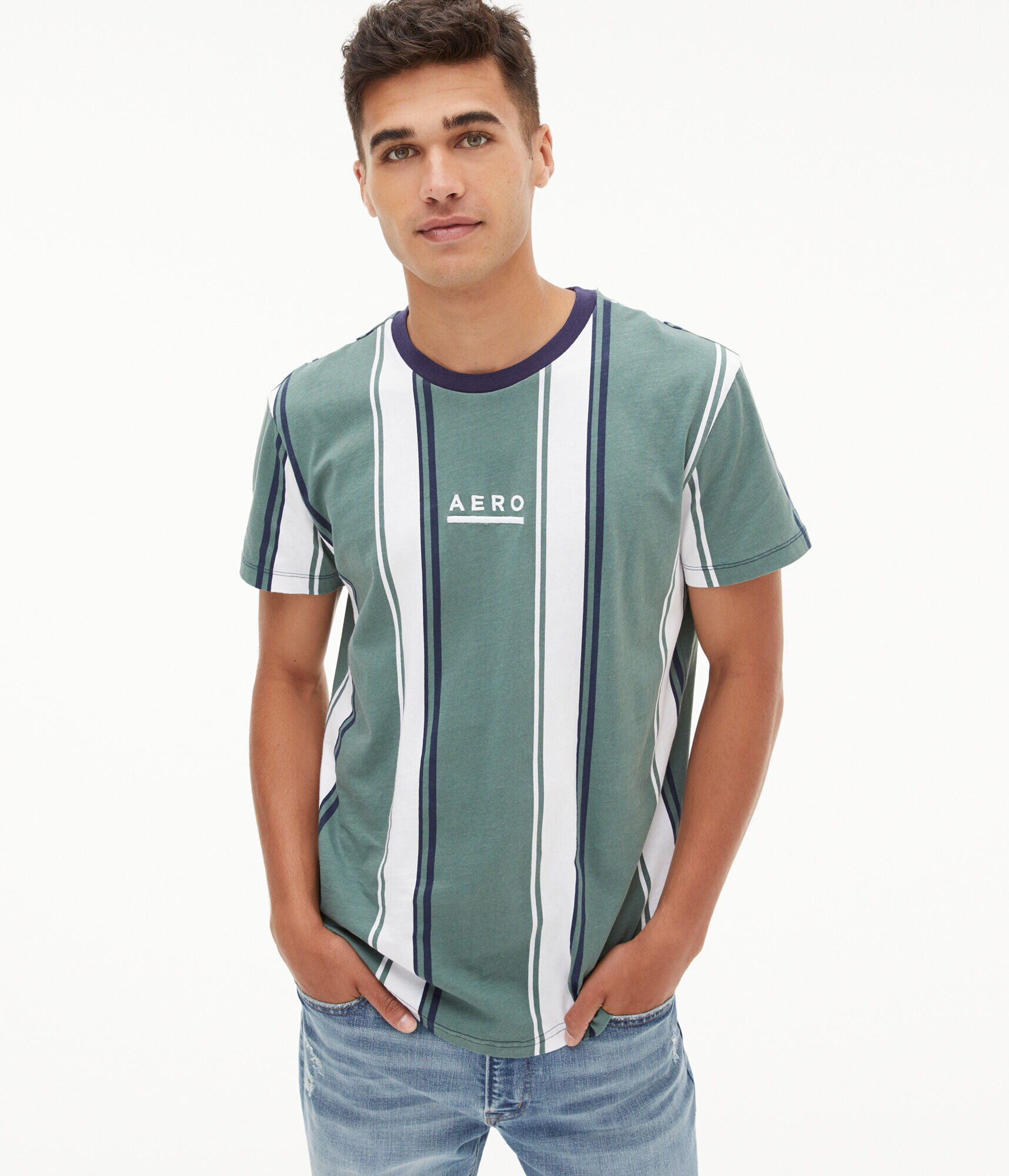 Aero Vertical Stripe Curved Hem Graphic Tee