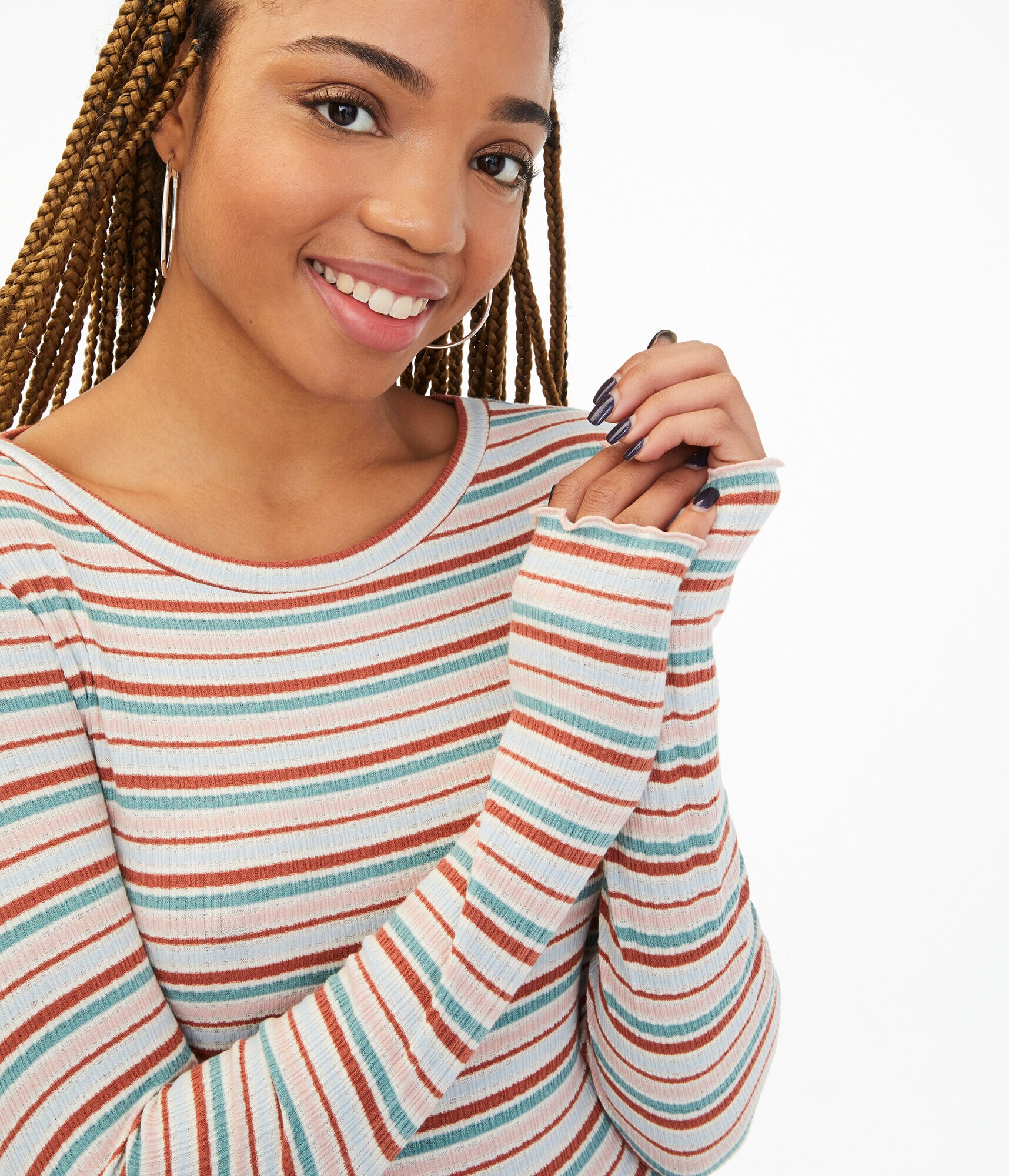 Long Sleeve Striped Ribbed Shrunken Tee