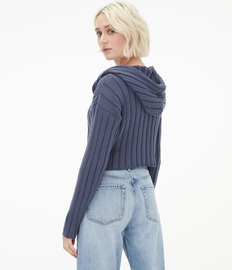 Ribbed Full-Zip Cropped Hooded Sweater*** Ribbed Full-Zip Cropped Hooded Sweater***