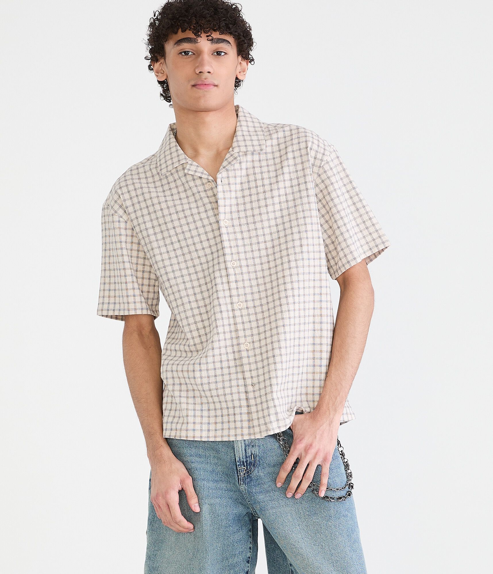 Microplaid Boxy Camp Shirt