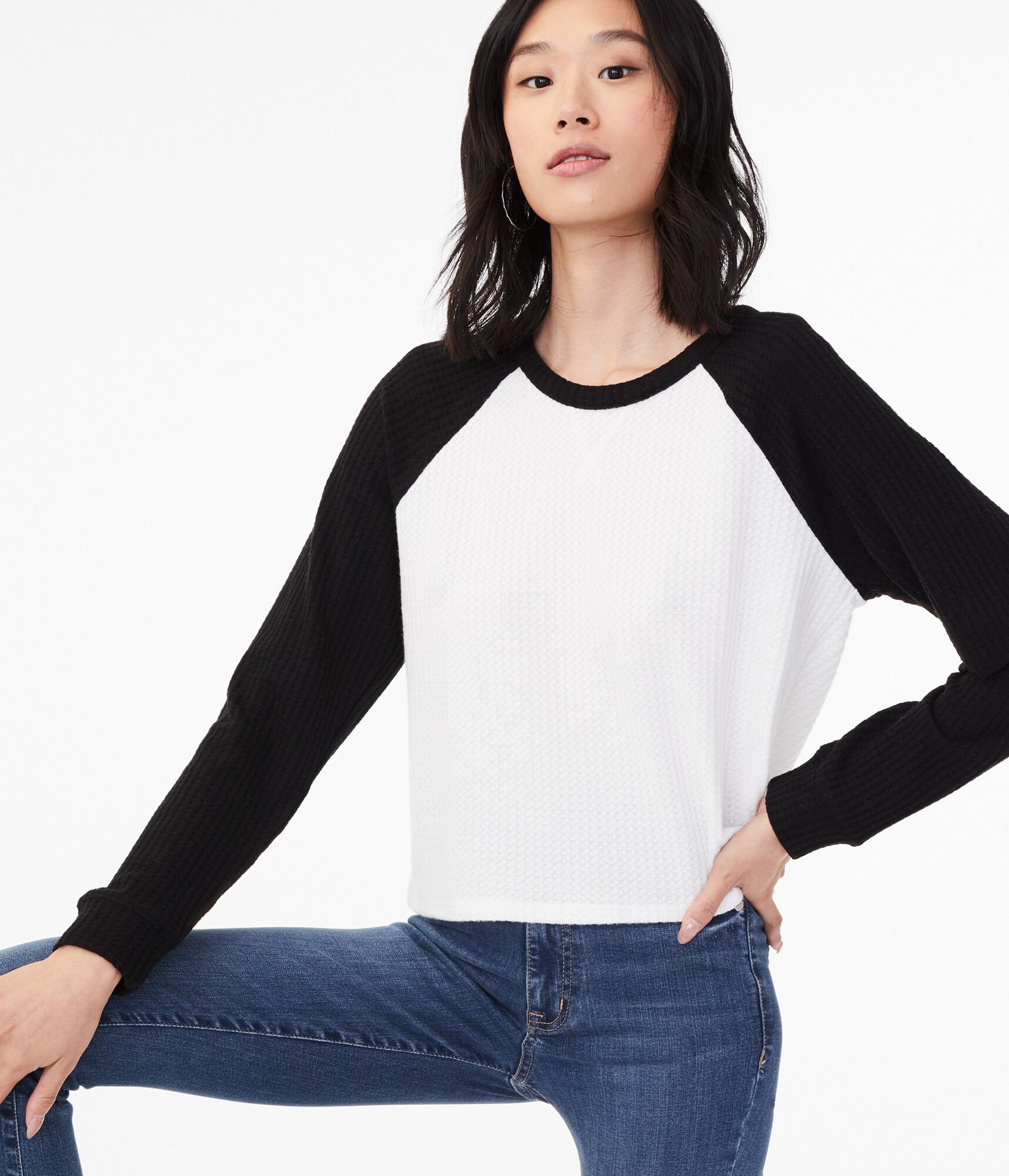 Long Sleeve Waffle-Knit Raglan Crew Tee