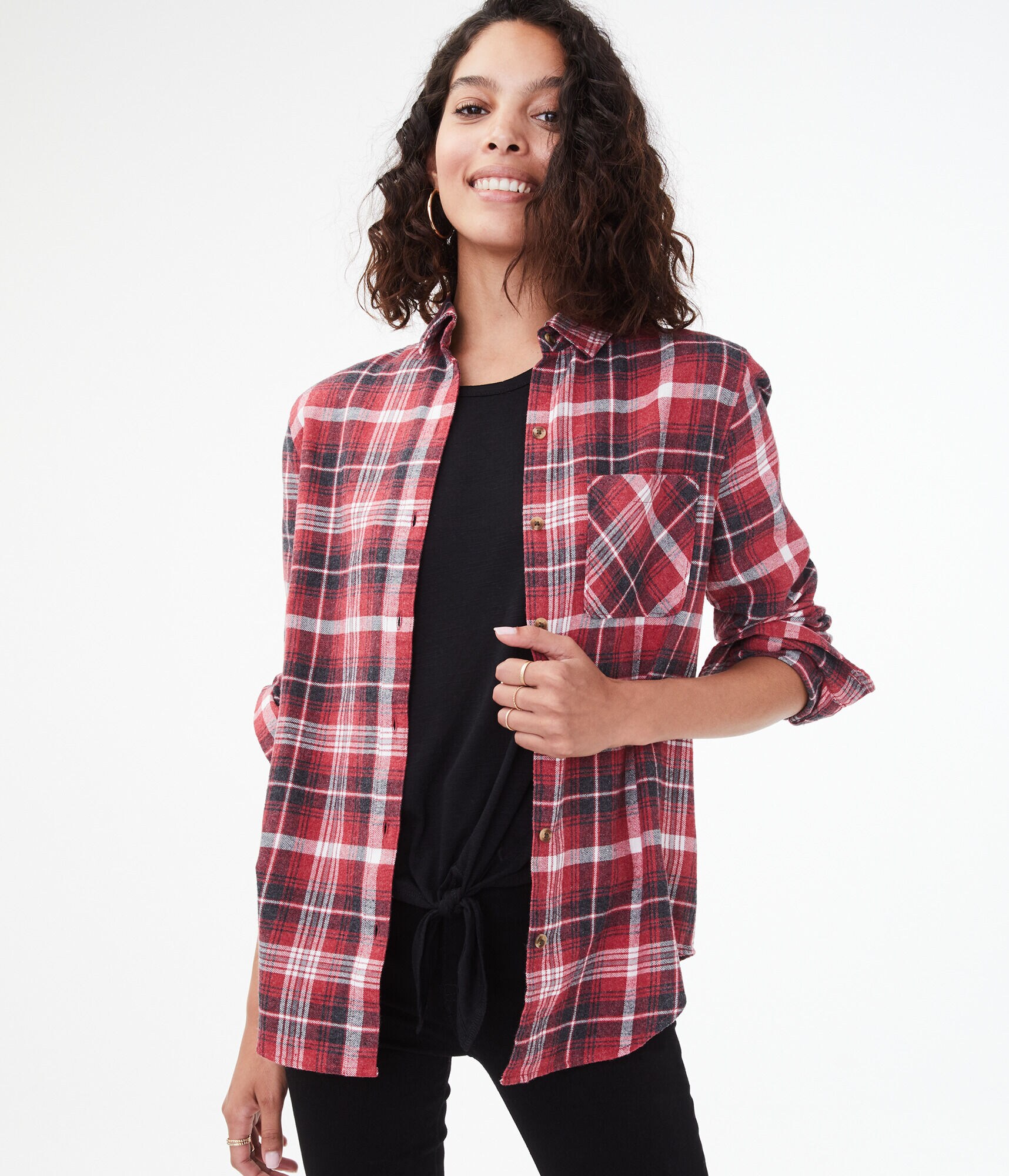 Long Sleeve Plaid Boyfriend Button-Down Shirt
