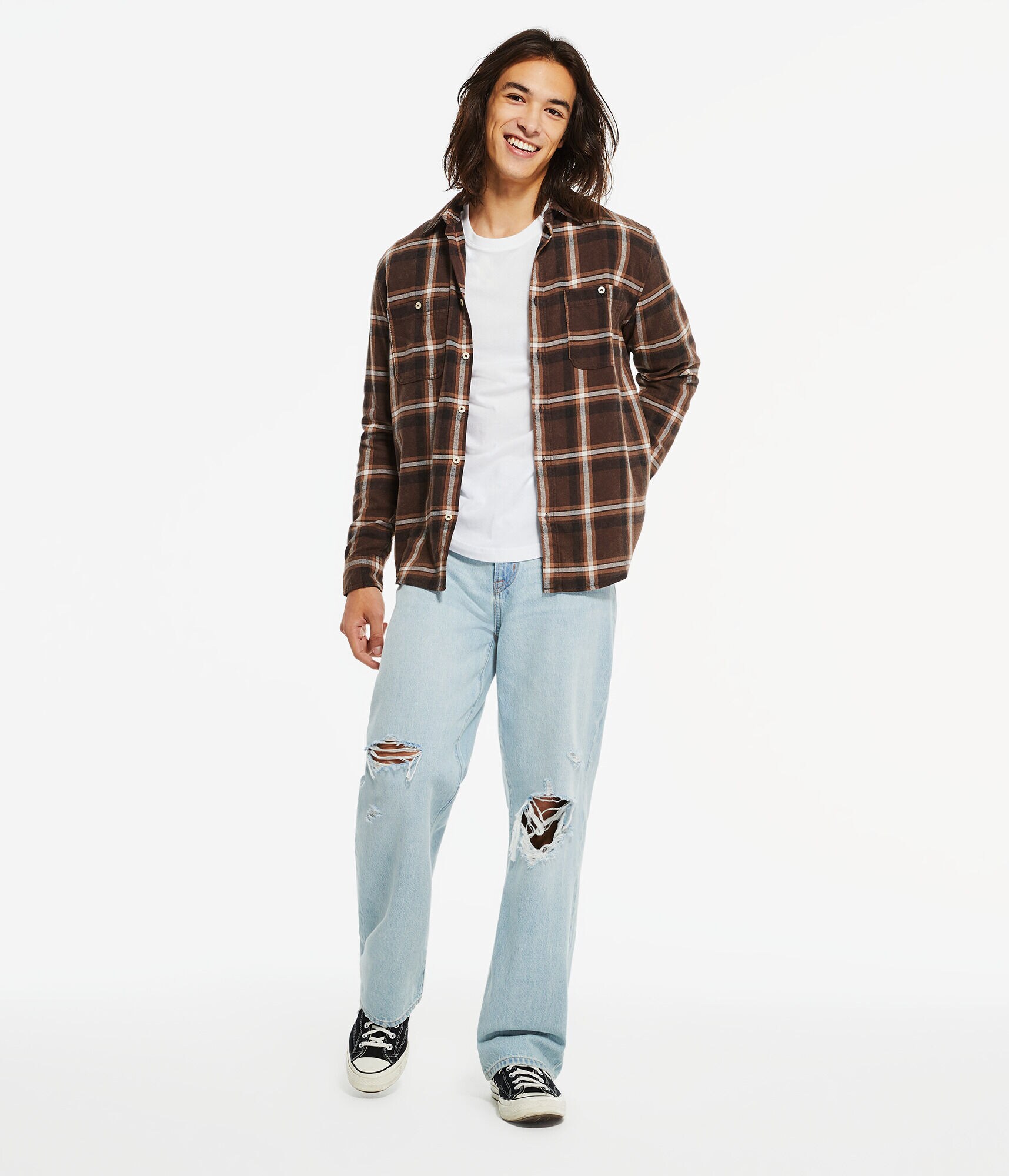 Long Sleeve Relaxed Washed Plaid Flannel Shirt