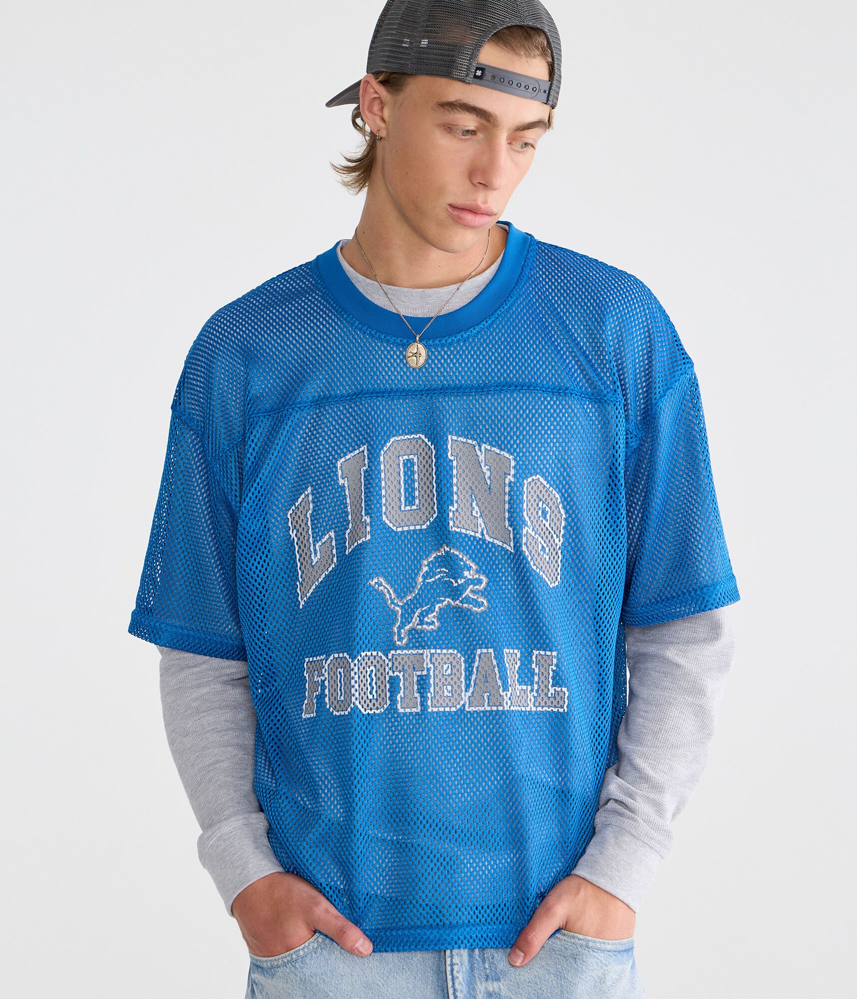 Long Sleeve Detroit Lions Boxy Mesh 2Fer Top