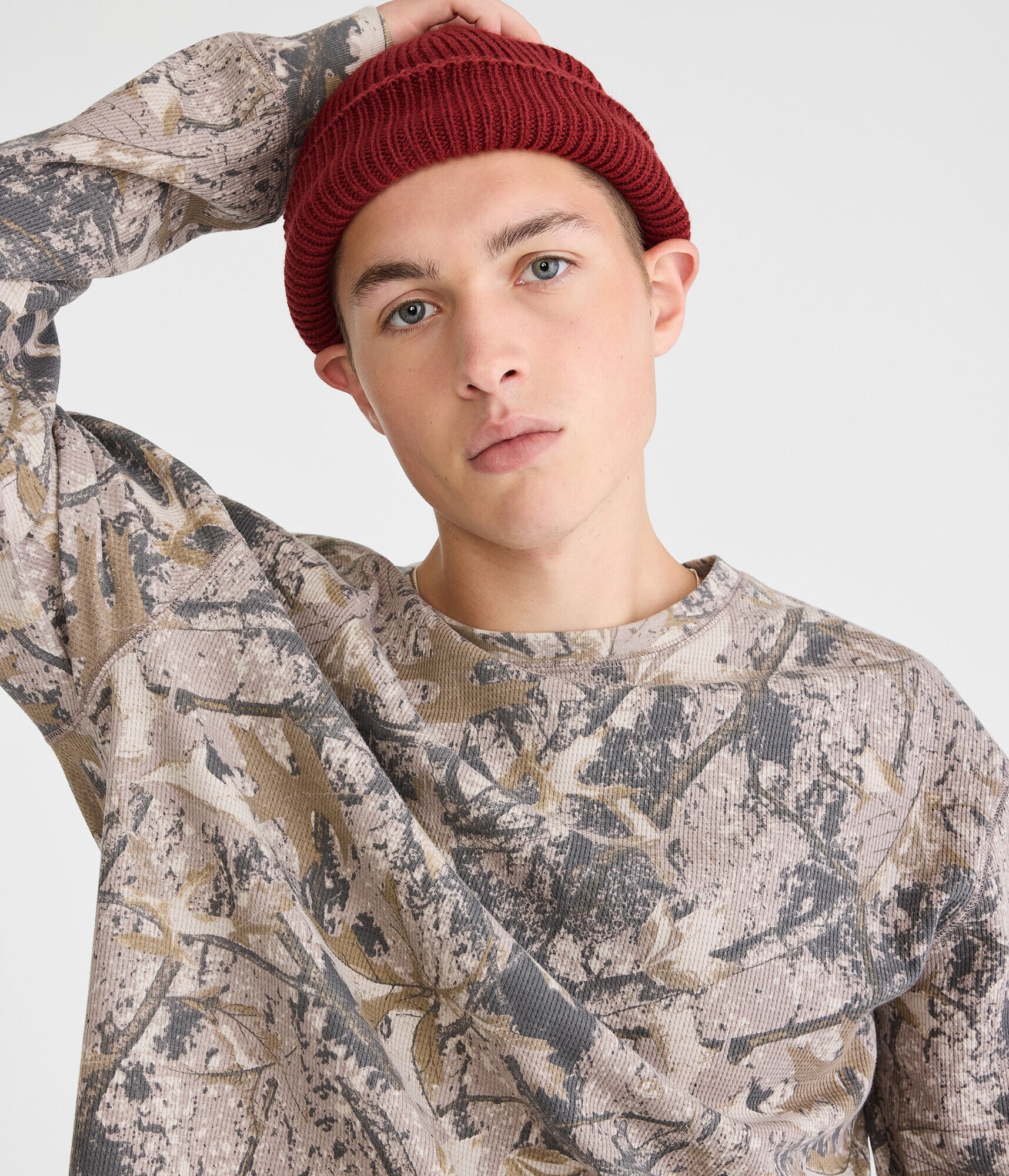 Long Sleeve Forest Camo Boxy Thermal Crew Tee