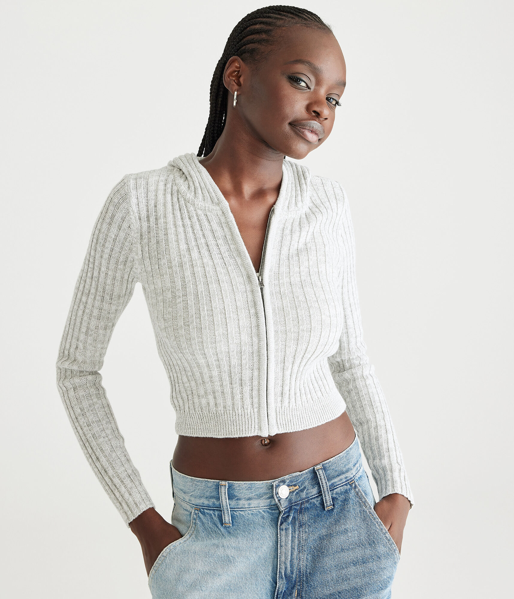 Ribbed Cropped Zip-Front Hooded Sweater