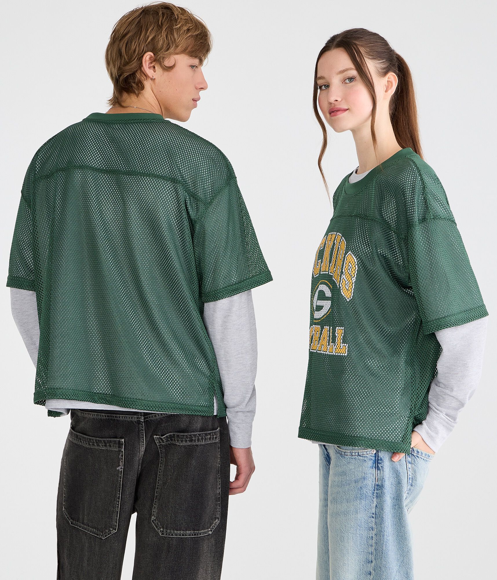 Long Sleeve Green Bay Packers Football Boxy Mesh 2Fer Top