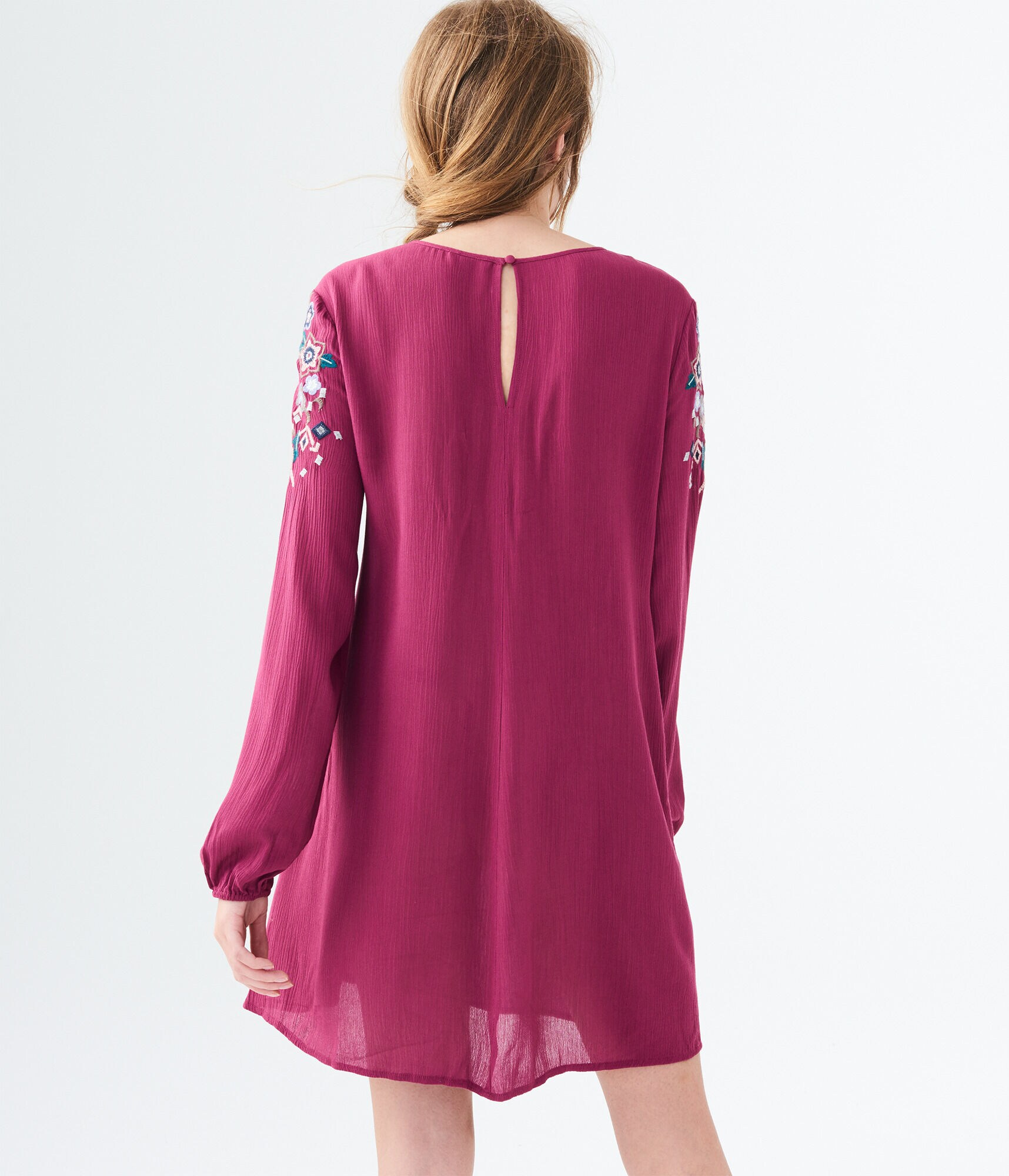 Embroidered Notch-Neck Peasant Dress