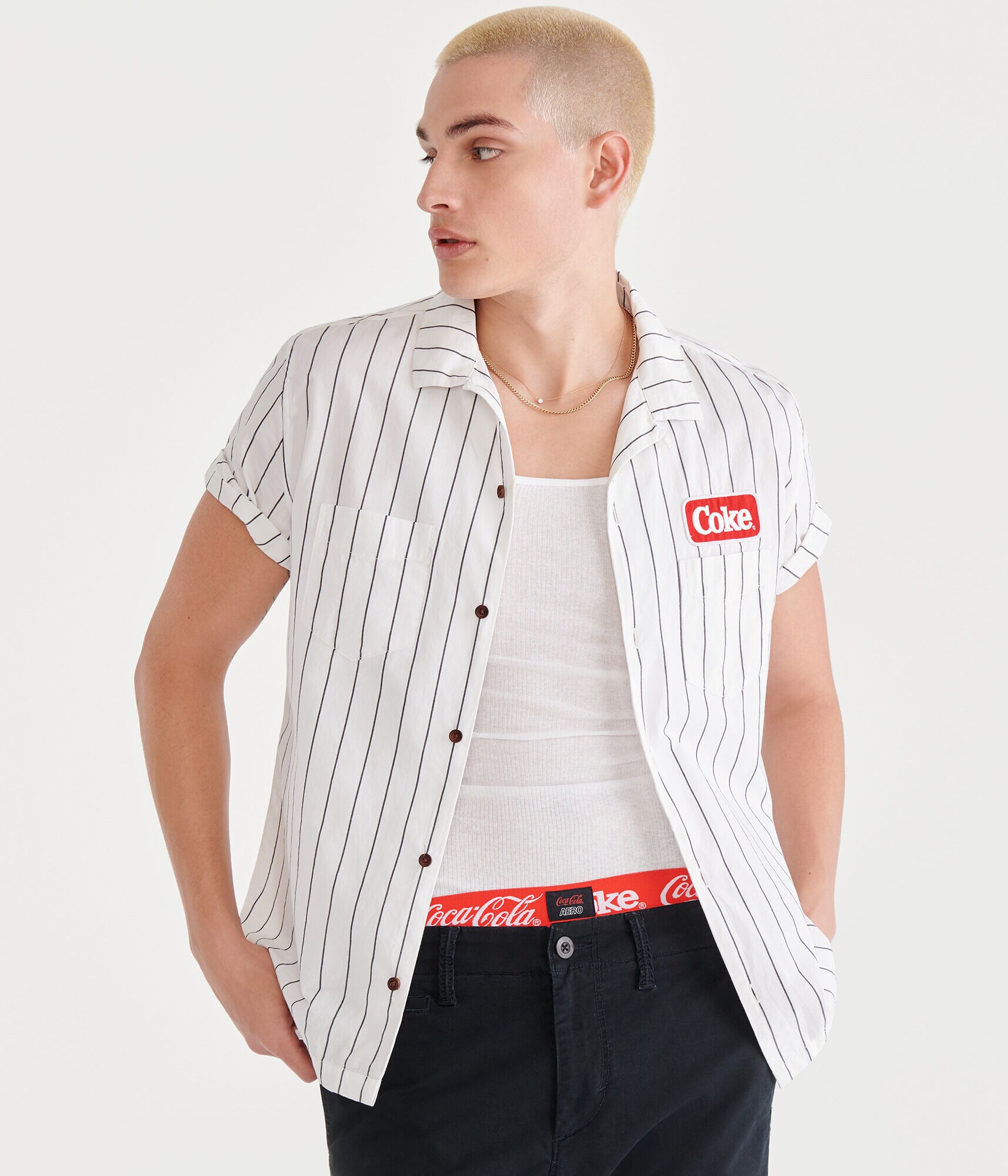 Coca-Cola&reg; by A&eacute;ropostale Coke Logo Striped Button-Down Shirt