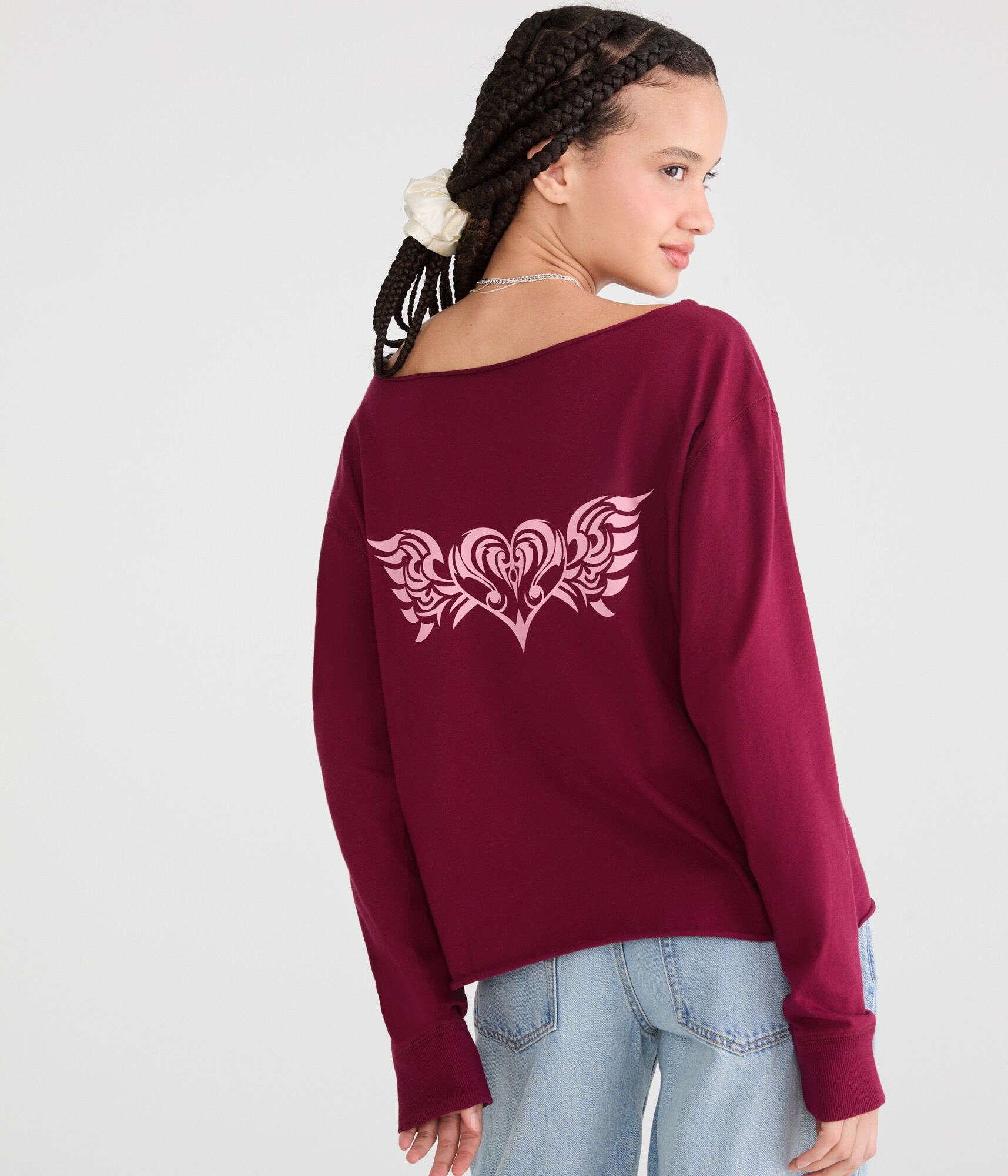 Long Sleeve Heart Off-The-Shoulder Vintage Fit Graphic Tee