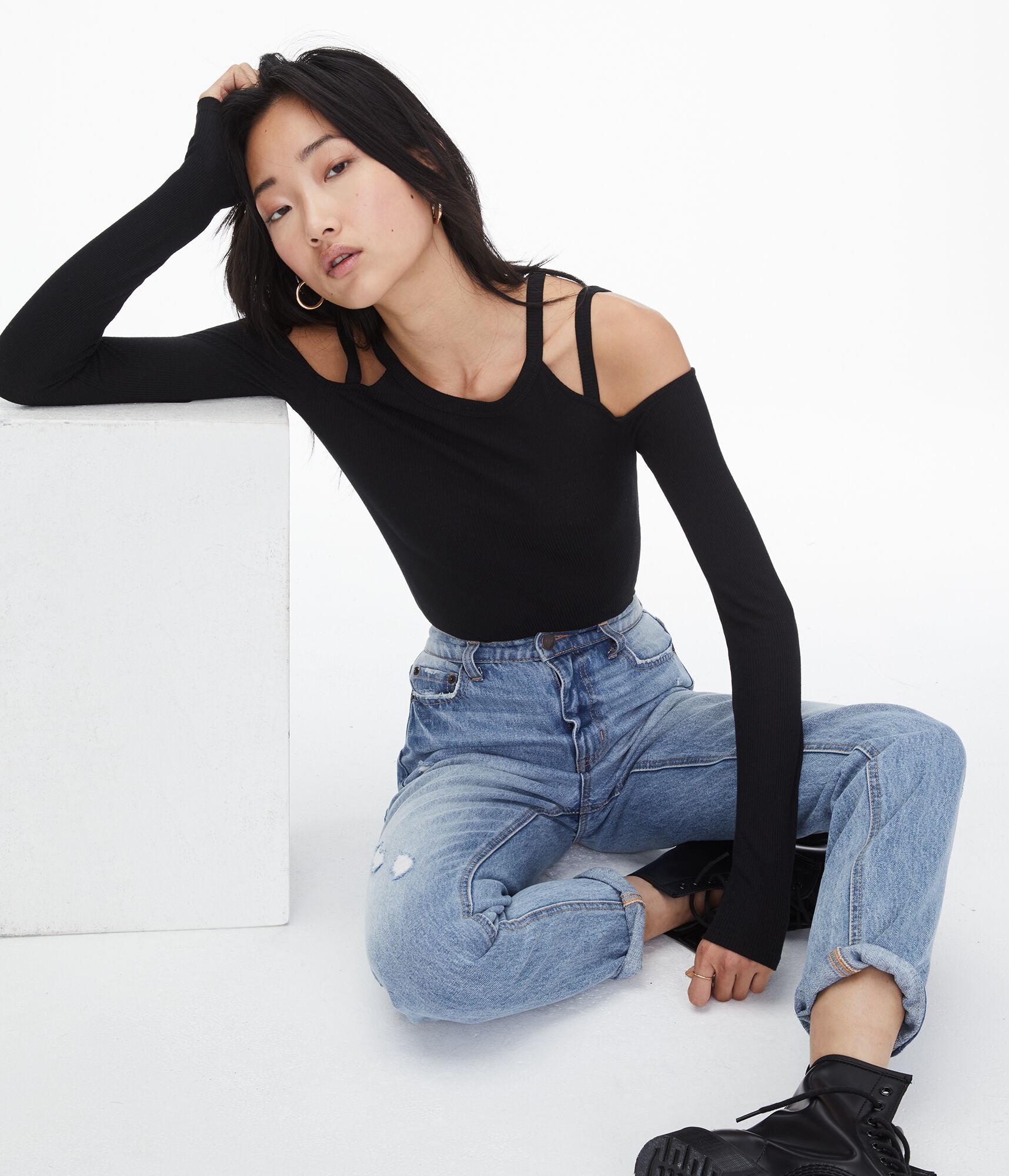 Long Sleeve Seriously Soft Strappy Cold-Shoulder Bodycon Tee***