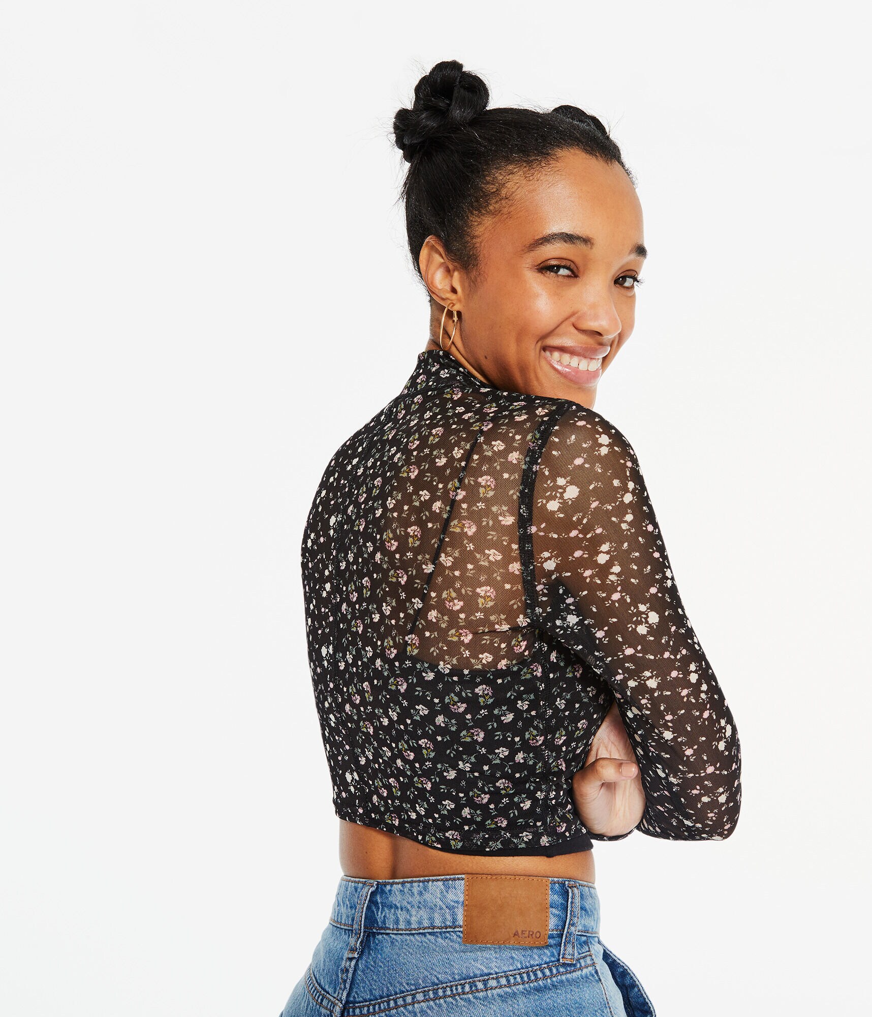 Long Sleeve Spliced Floral Mesh Mock-Neck Crop Top