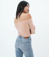 Long Sleeve Seamless Acid Wash Off-The-Shoulder Crop Top