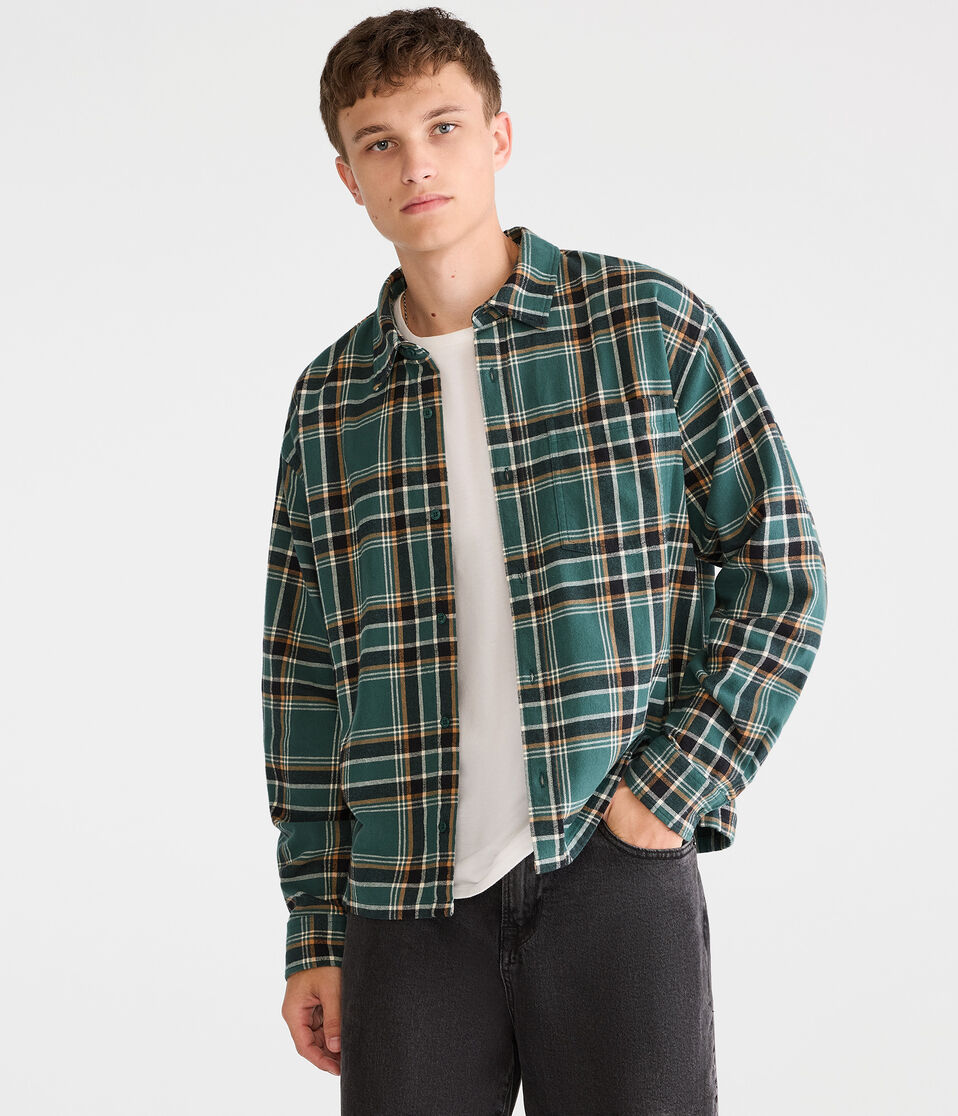 Long Sleeve Plaid Boxy Flannel Shirt