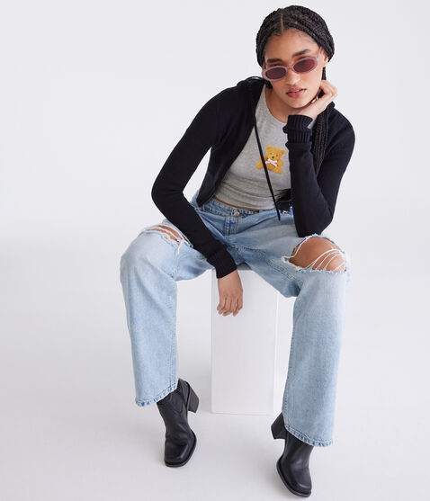 Solid Cropped Full-Zip Hooded Sweater Solid Cropped Full-Zip Hooded Sweater