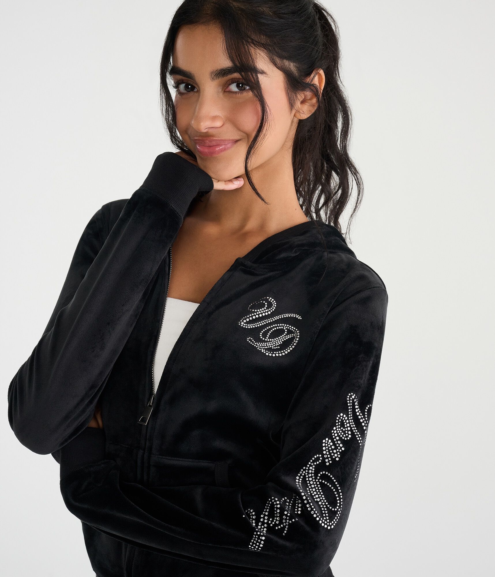 Von Dutch Rhinestone Logo Velour Full-Zip Hoodie