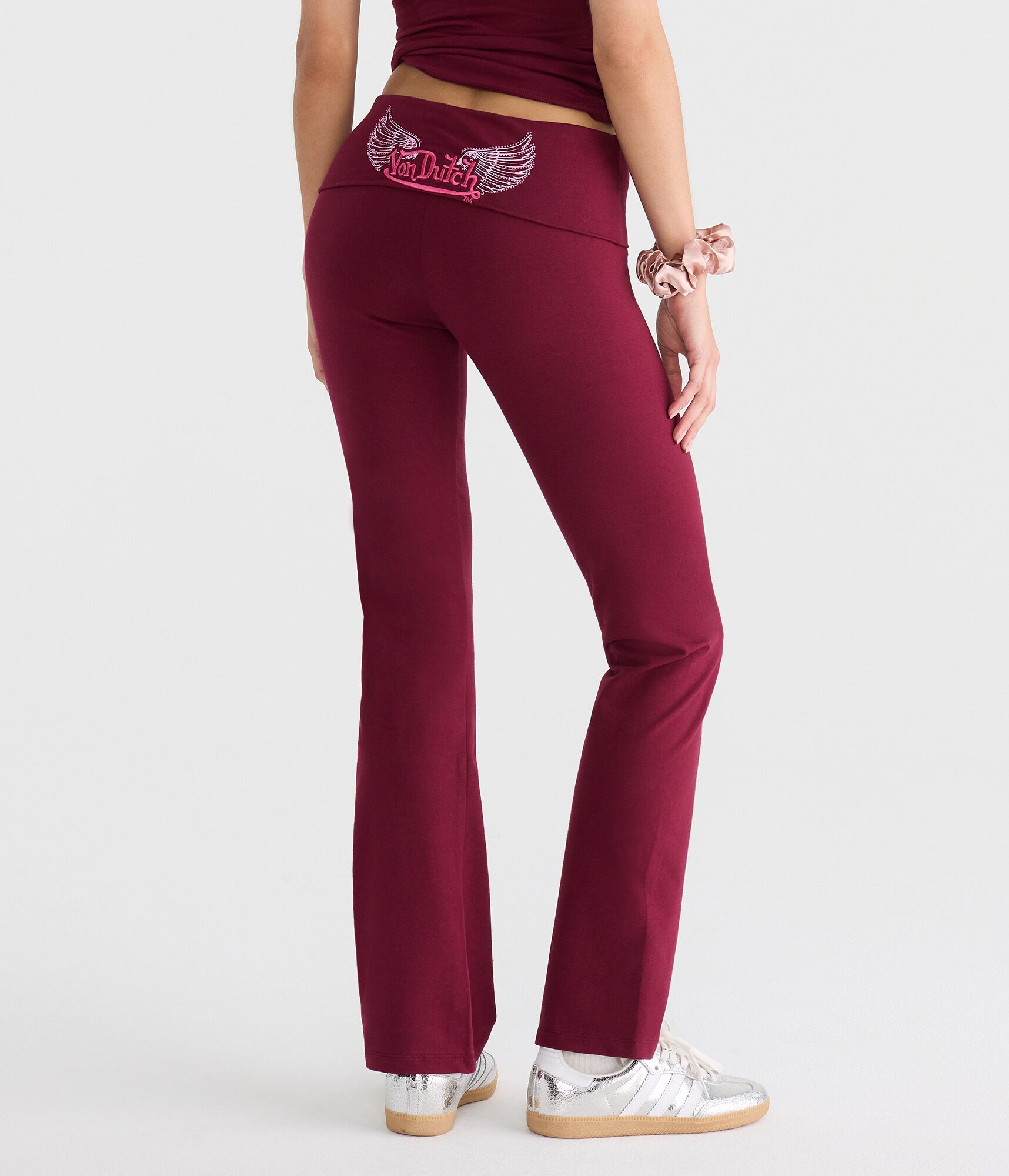 Von Dutch Winged Logo Mid-Rise Fold-Over Bootcut Pants