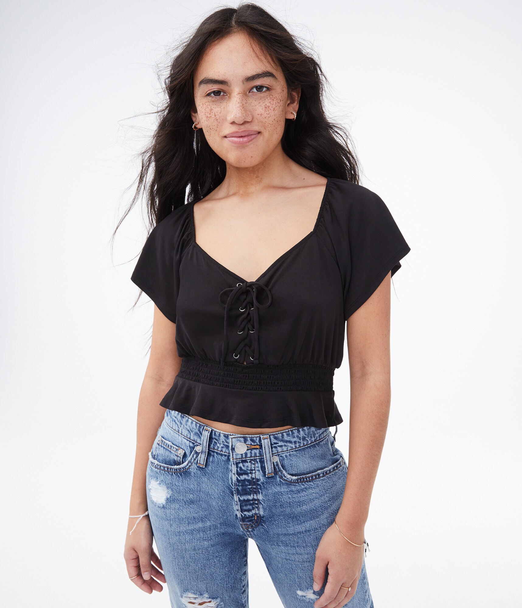 Flutter Sleeve Lace-Up Top