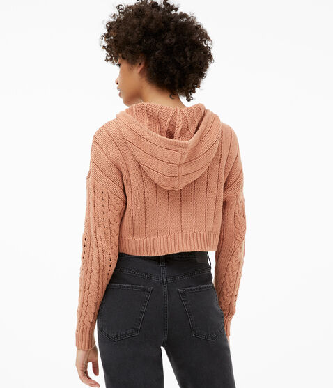 Cable-Knit Hooded Full-Zip Cropped Cardigan