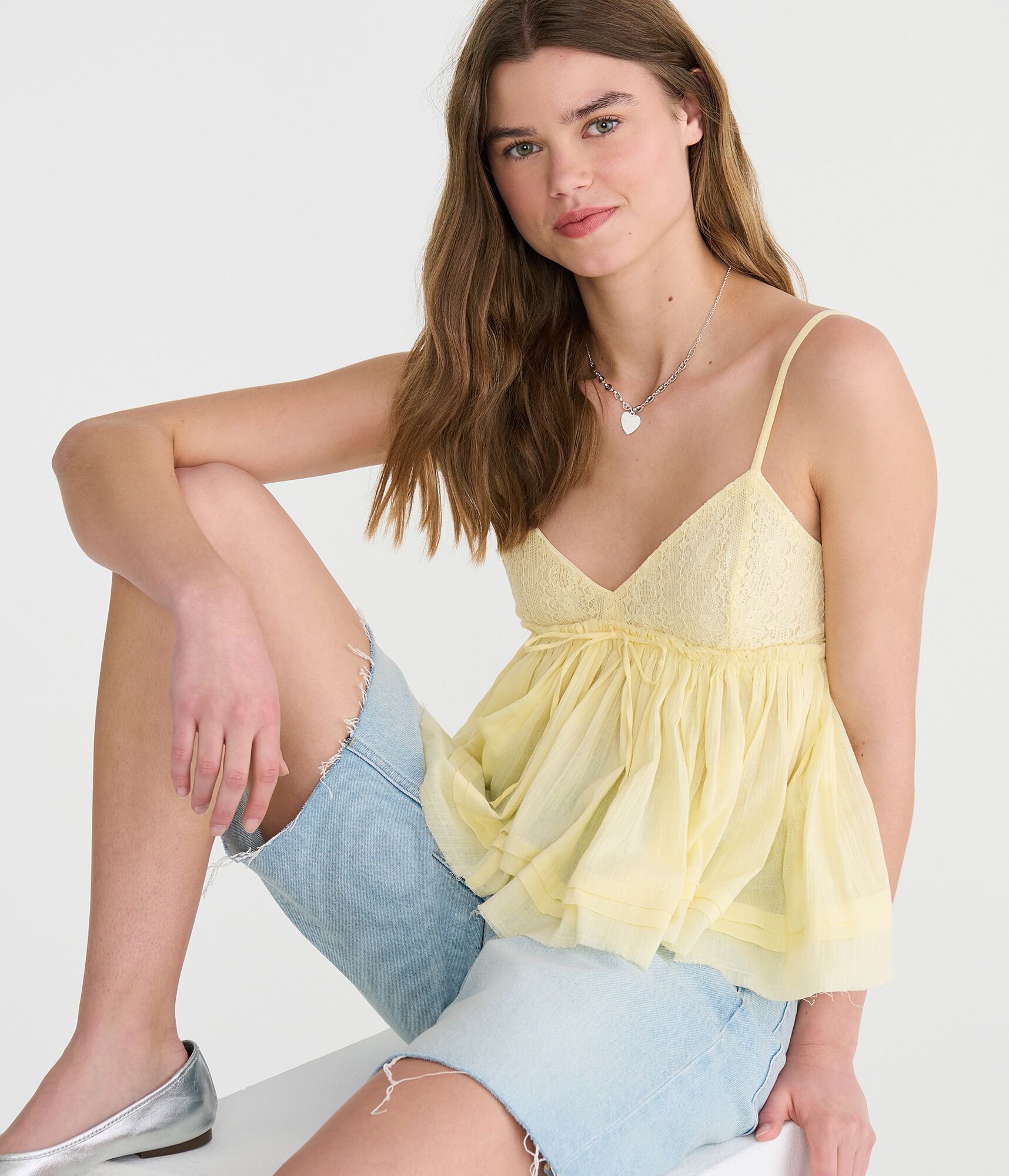 Crocheted V-Neck Babydoll Top