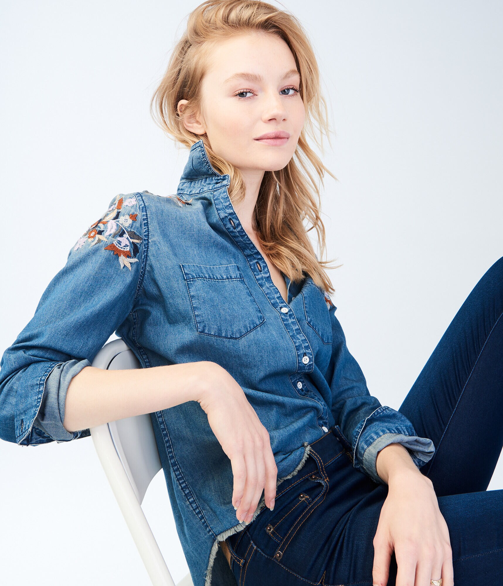 Long Sleeve Embroidered Chambray Woven Shirt