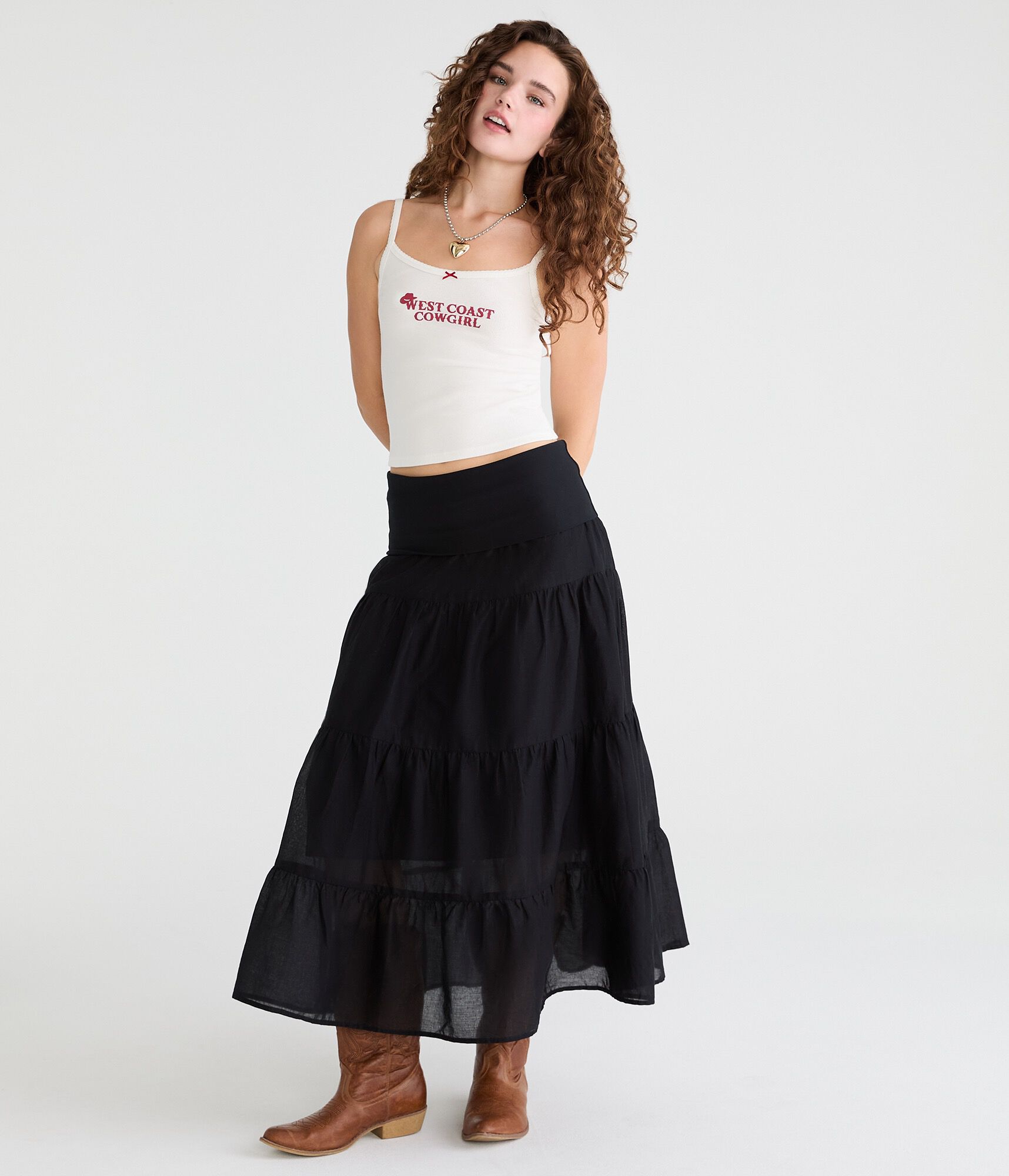 Tiered Fold-Over Maxi Skirt