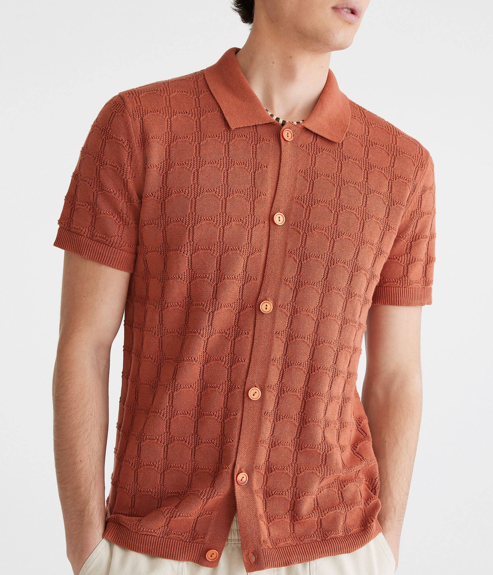 Tシャツ・カットソー TRILLION Cable Crochet Short Sleeve Collar Knit BURNT BRICK Geometric Crocheted Knit Shirt