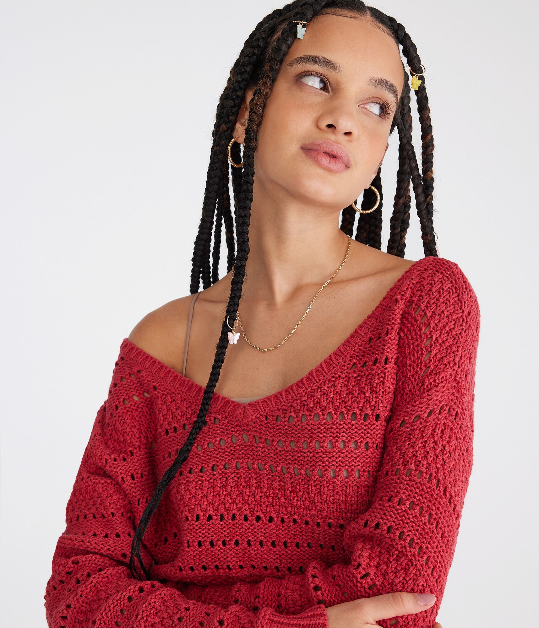 Solid Open-Knit V-Neck Sweater