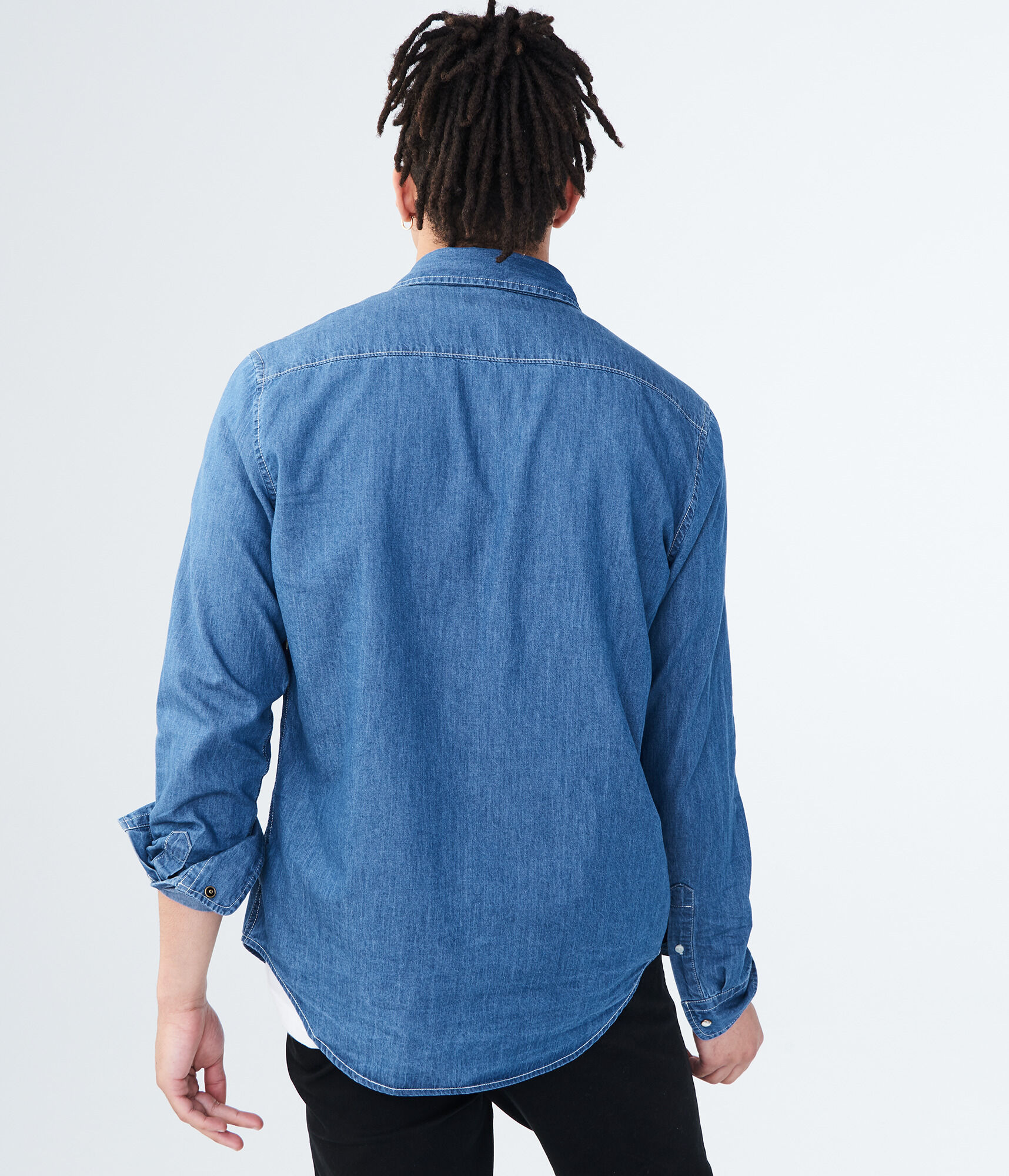 Long Sleeve Medium Wash Denim Woven Shirt