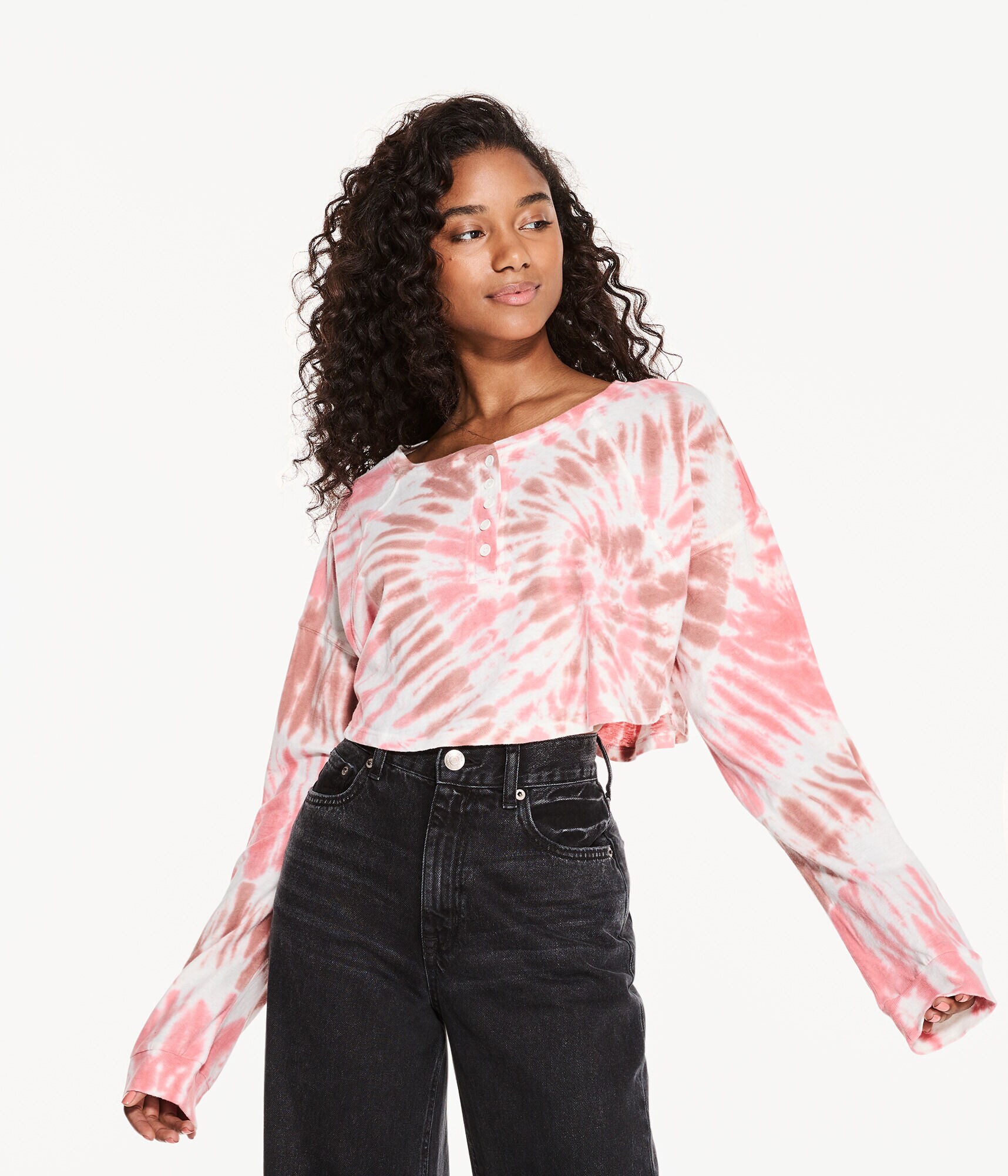 Long Sleeve Tie-Dye Oversized Cropped Henley Tee