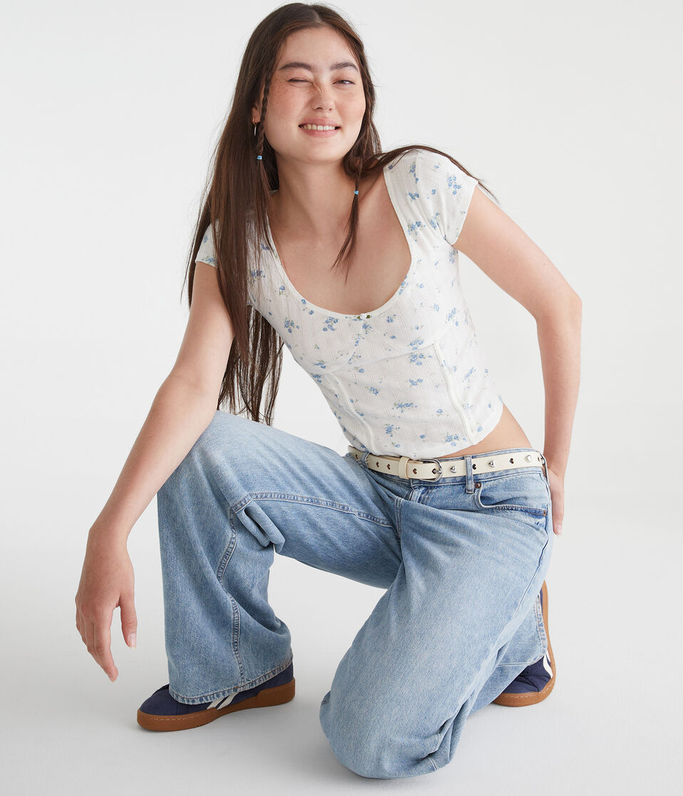 Floral Pointelle Scoop-Neck Top