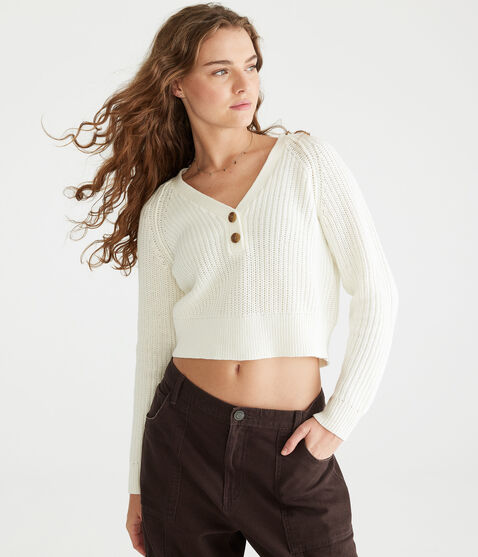 Ribbed Cropped V-Neck Henley Sweater Ribbed Cropped V-Neck Henley Sweater